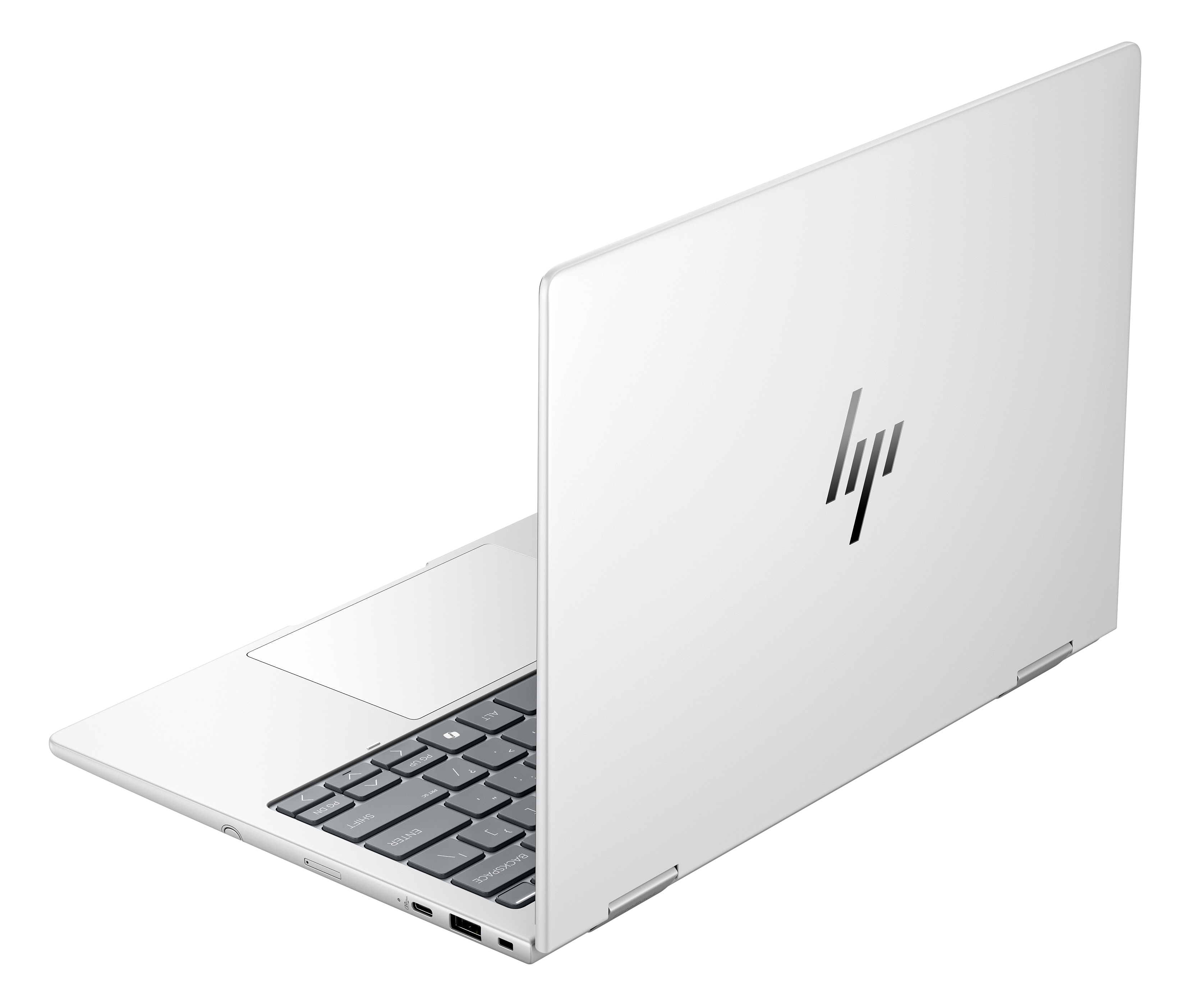 Biały laptop HP z otwartą pokrywą, widoczną klawiaturą i portami.