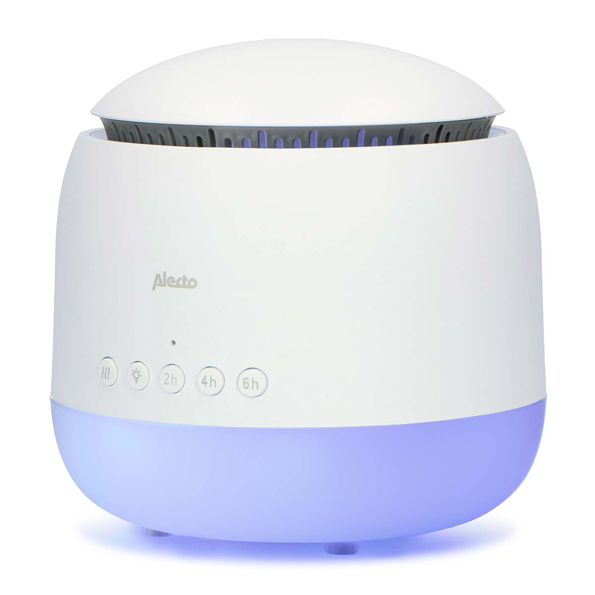 Un humidificateur blanc avec lumière bleue et boutons de commande.