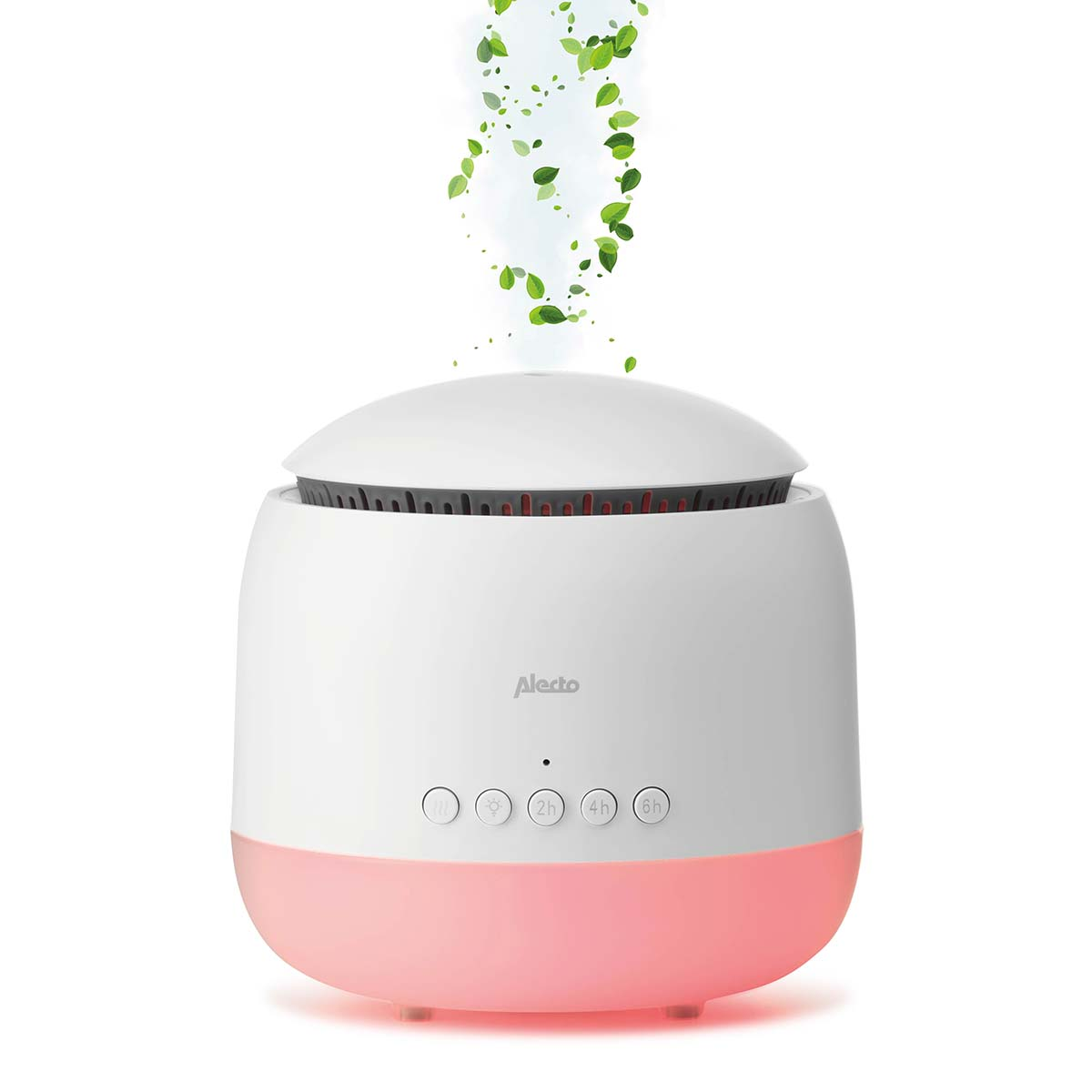 Un humidificateur blanc avec une base rose, émettant des feuilles vertes par le haut.