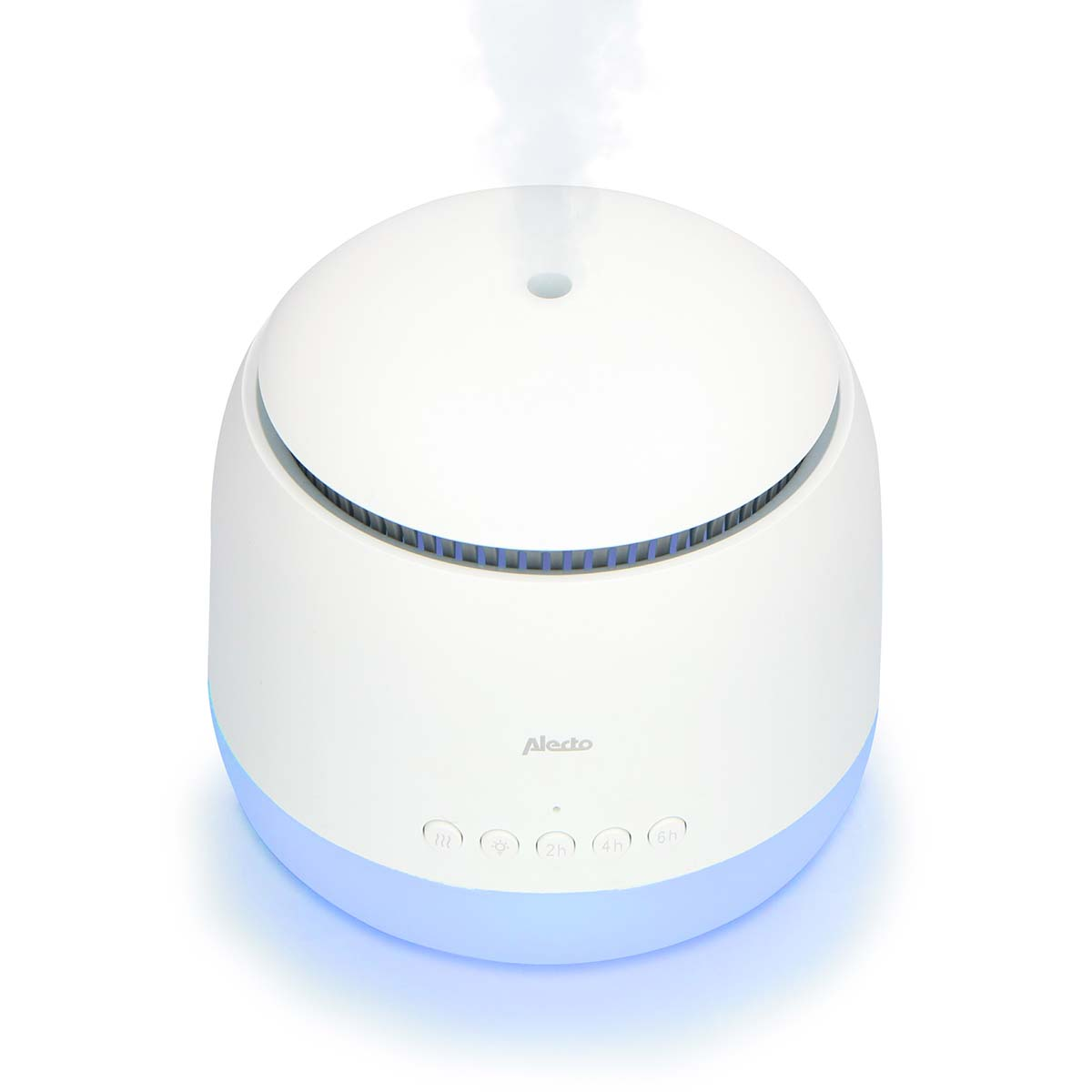 Un humidificateur blanc avec éclairage LED bleu émet de la vapeur.