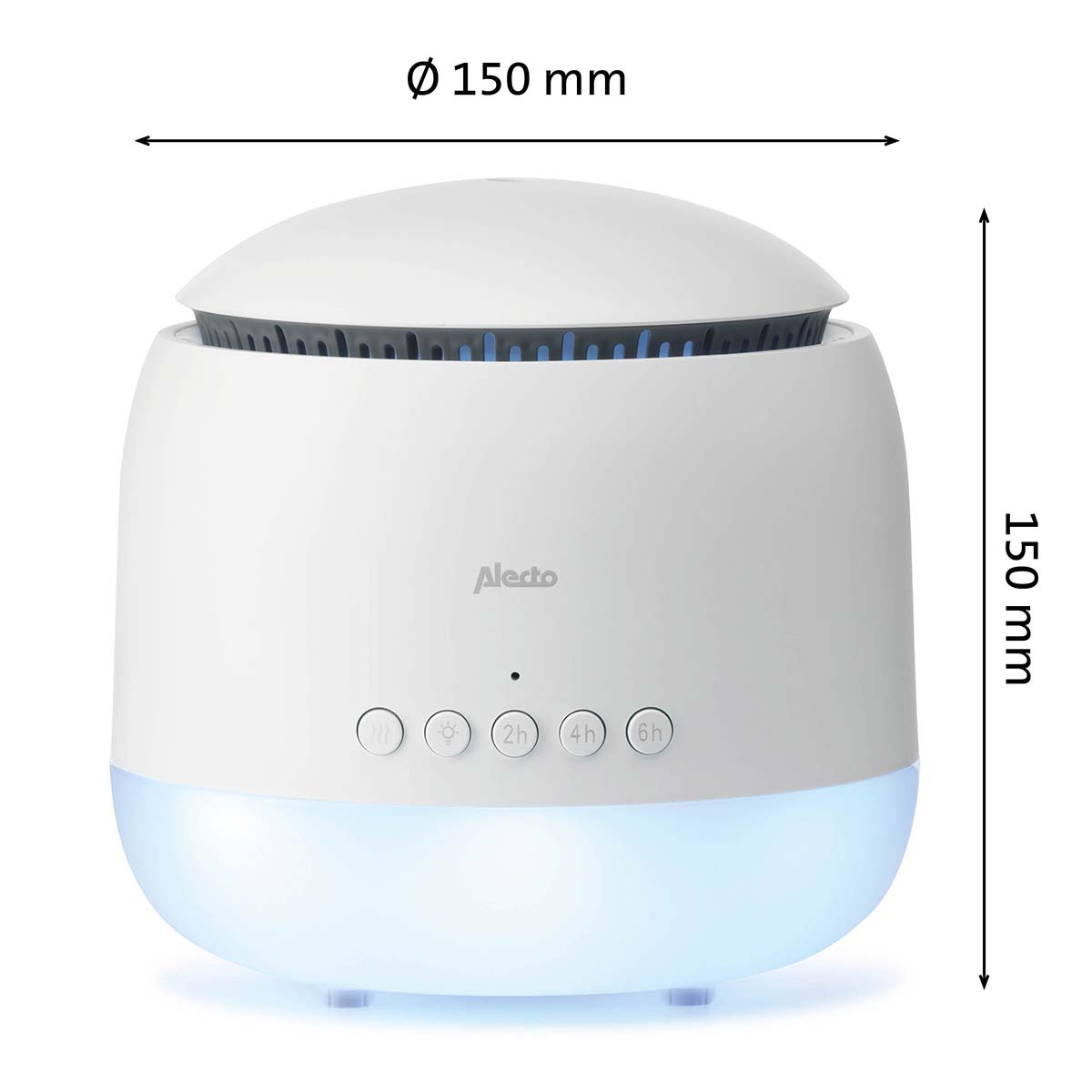 Diffuseur Alecto blanc avec lumière bleue et boutons de minuterie.