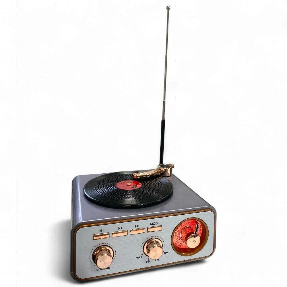 Uzatılabilir antenalı, vinil ve kontrol düğmeli gri pikap radyo.