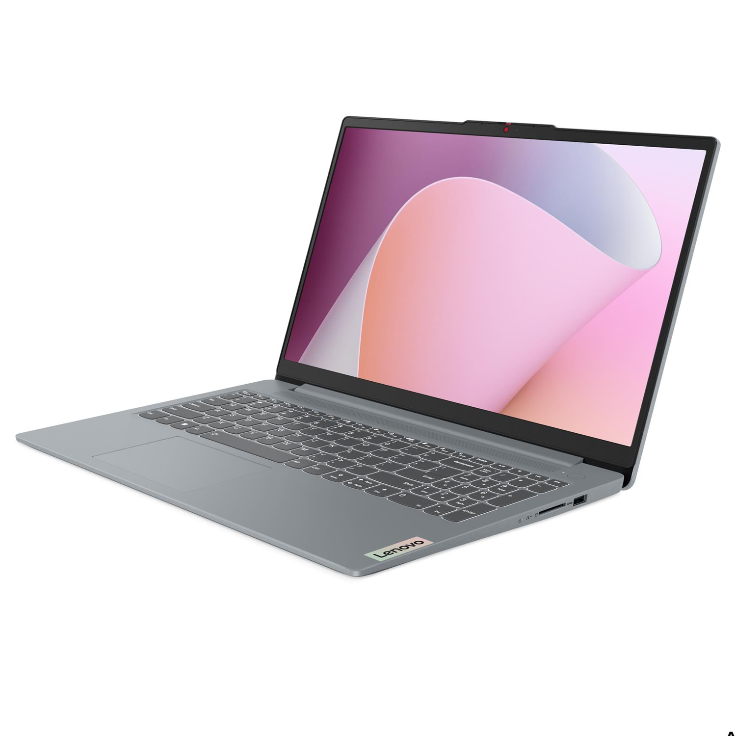 Beyaz arka plan üzerinde açık ekranı ve klavyesi olan gri Lenovo dizüstü bilgisayar.