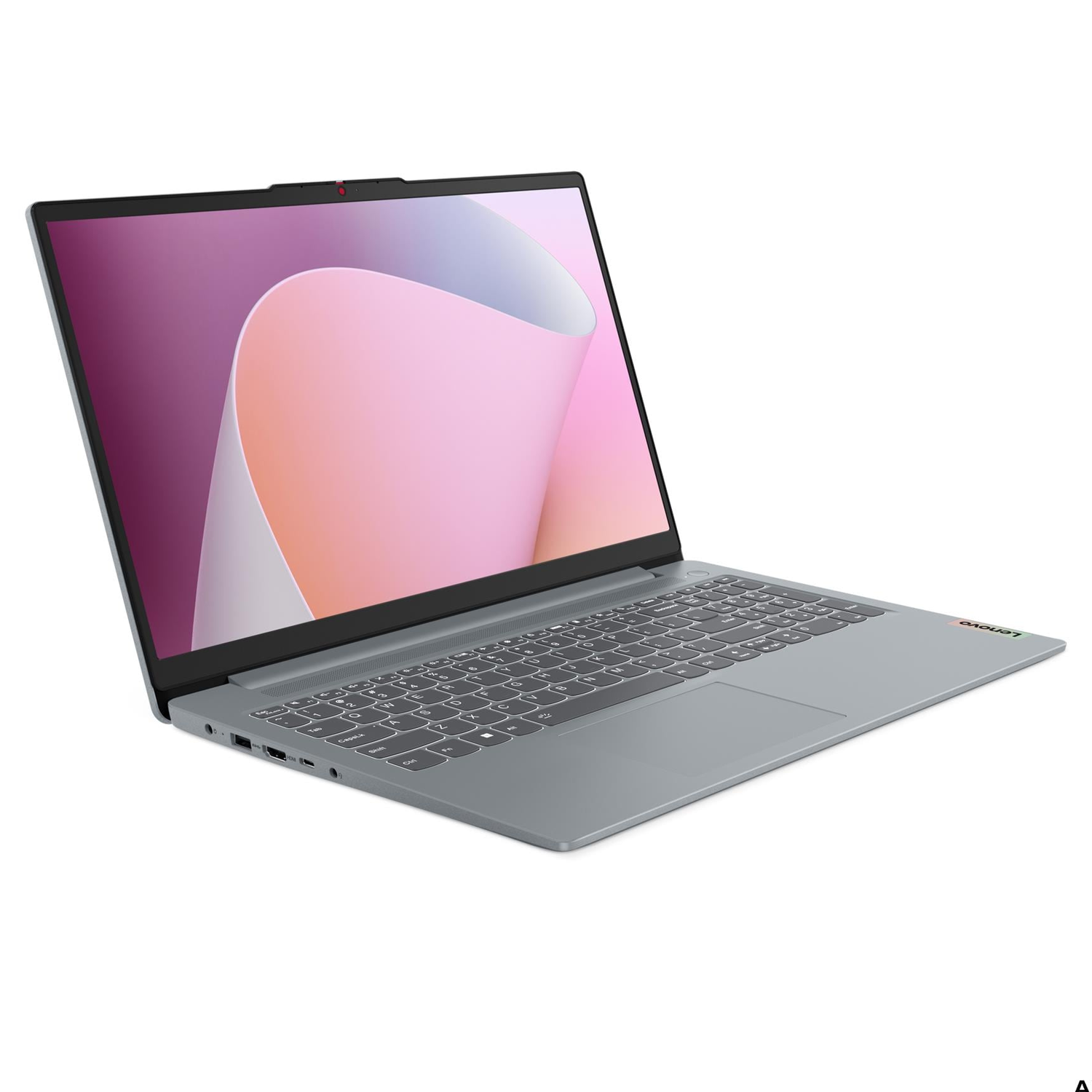 Ekranı açık, pembe bir tasarım gösteren gri bir Lenovo dizüstü bilgisayar.