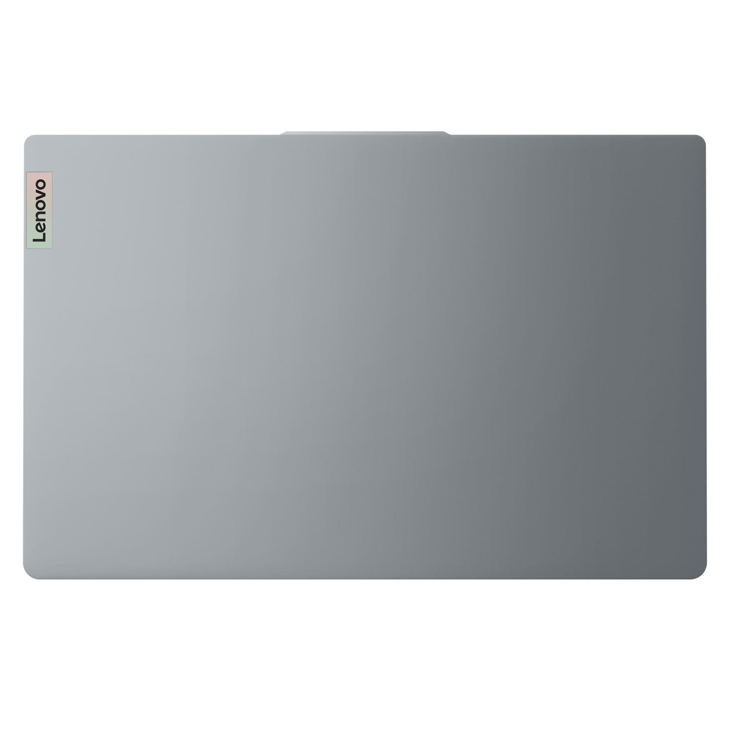 Sol üst köşede logolu kapalı gri Lenovo dizüstü bilgisayar.