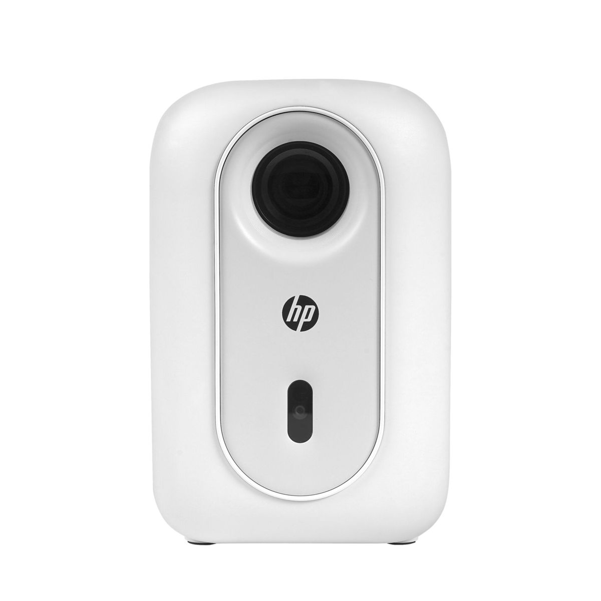 Ein weißes HP-Gerät mit einer Kameralinse und einem kleineren Sensor.
