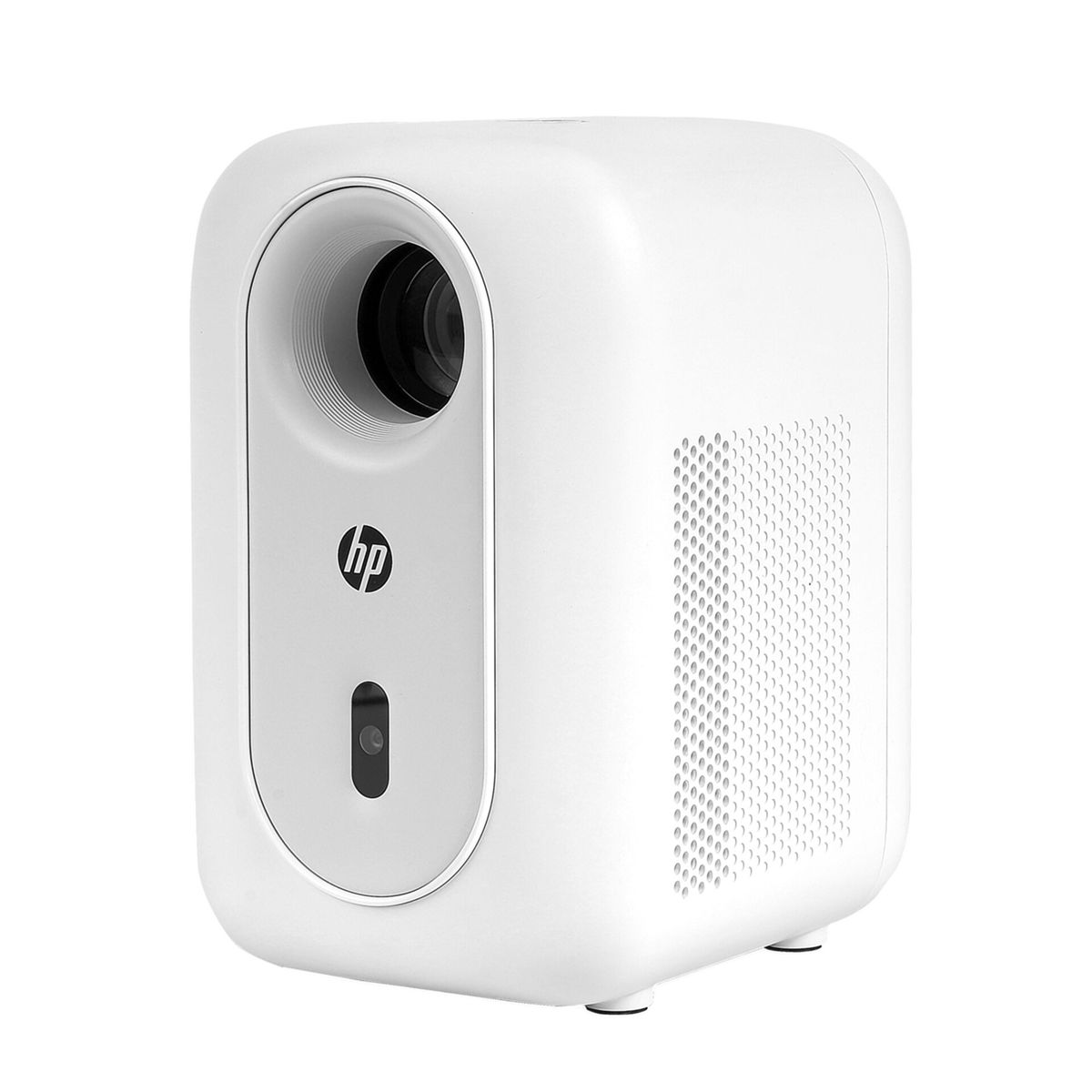 Ein weißer HP-Projektor mit Linse und Lüftungsschlitzen auf weißem Hintergrund.