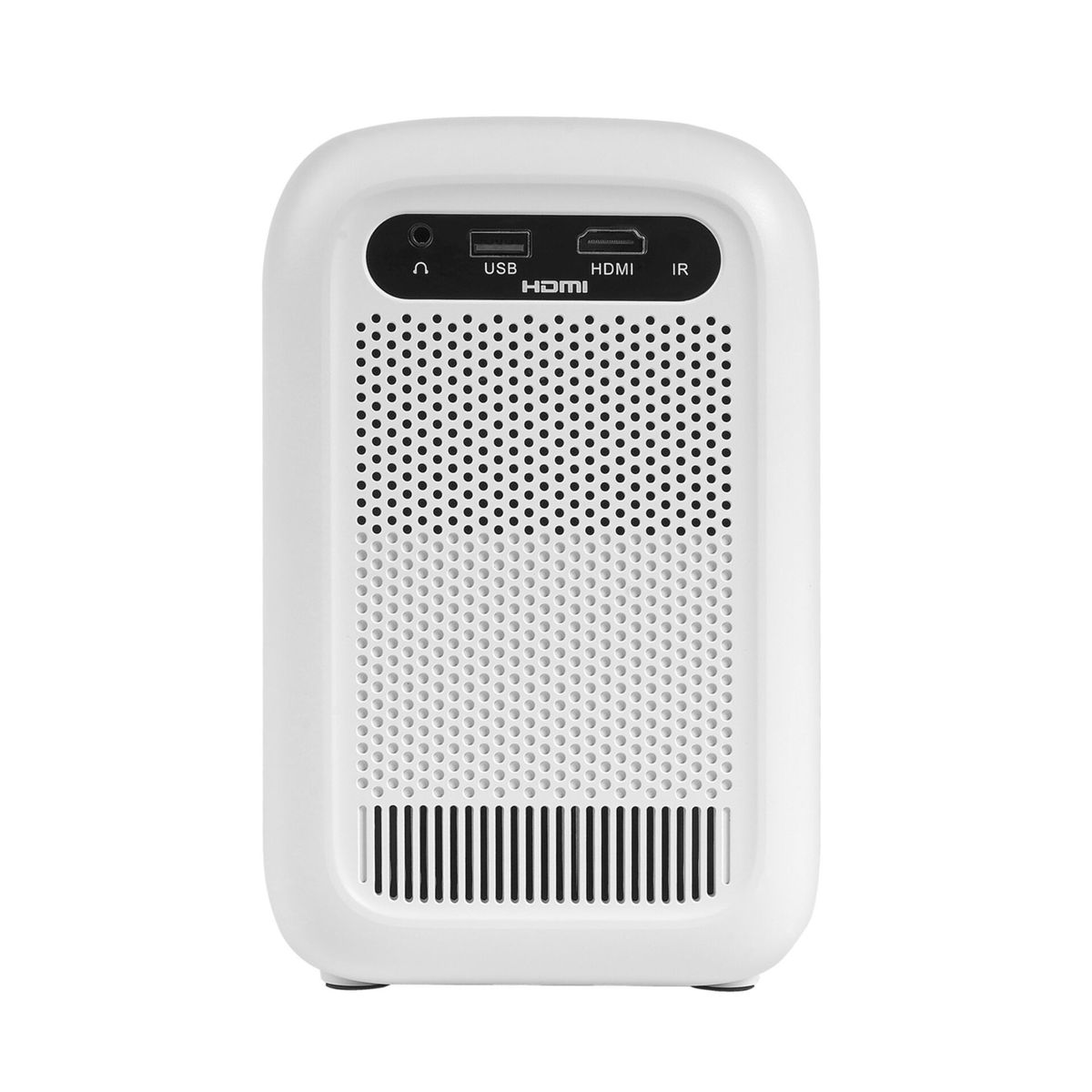 Ein weißer Projektor mit Anschlüssen für USB, HDMI und IR. Lautsprechergrills sind sichtbar.