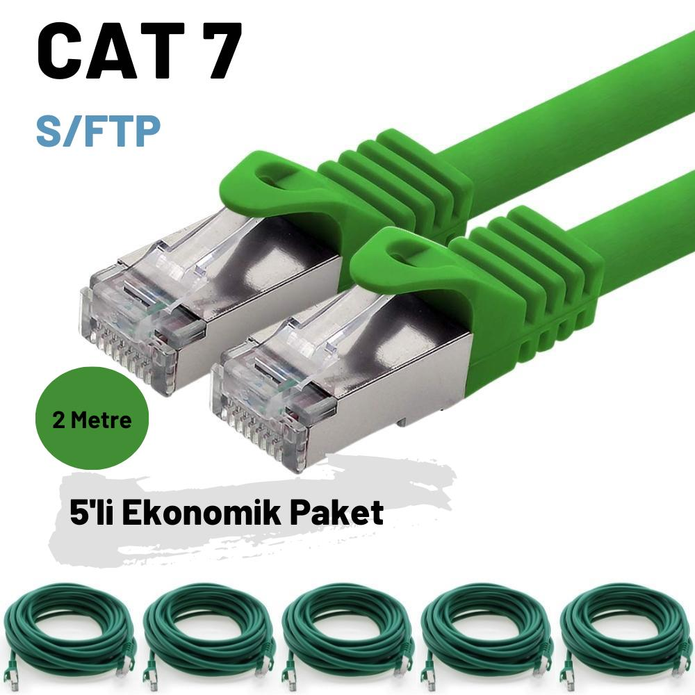 İki adet metal konnektörlü yeşil CAT 7 S/FTP Ethernet kablosu.