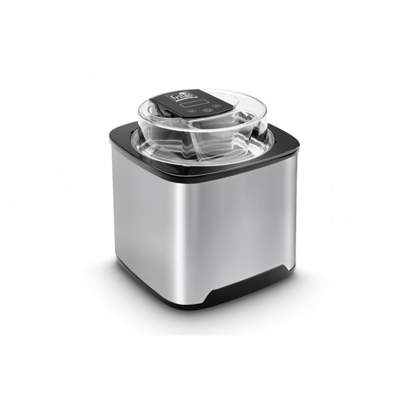Macchina per gelato argentata con coperchio trasparente e display digitale.
