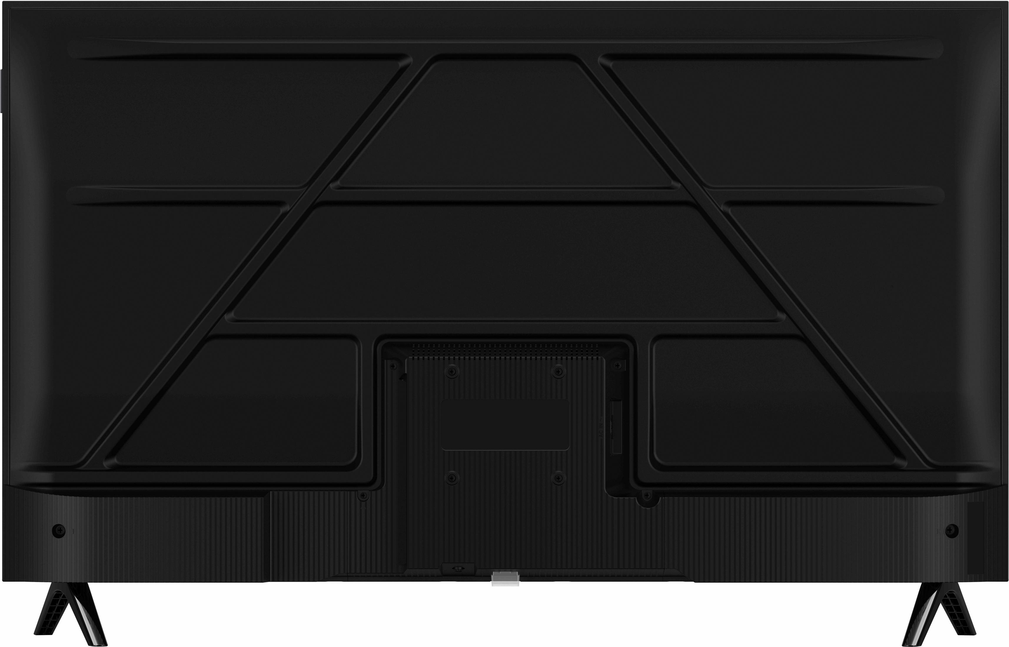 Tył czarnego telewizora ze stojakiem, portami i otworami wentylacyjnymi.