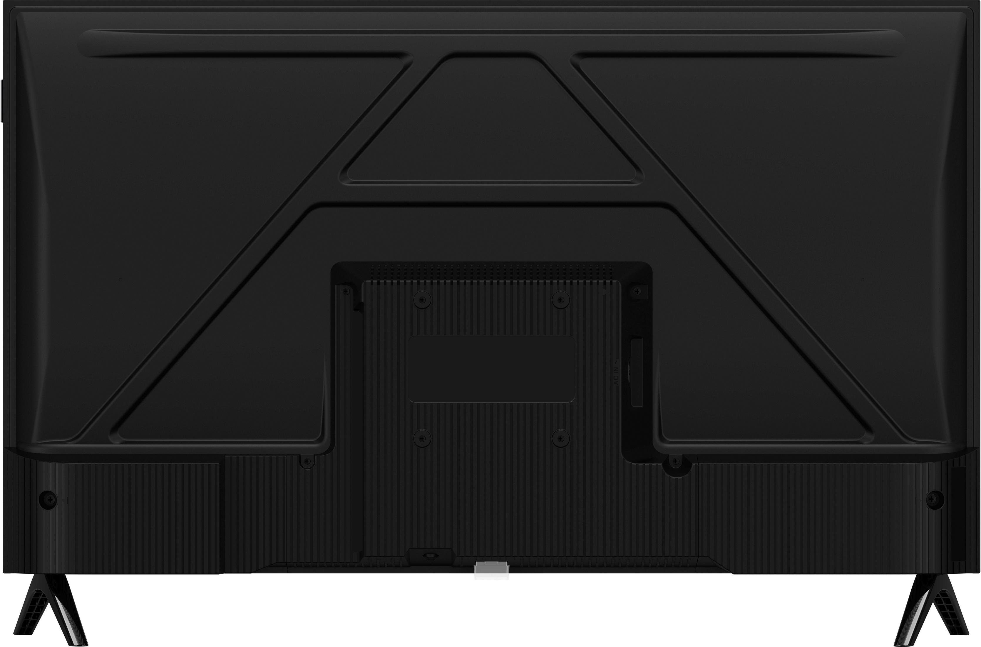 Tył czarnego telewizora ze stopkami, portami i otworami wentylacyjnymi.