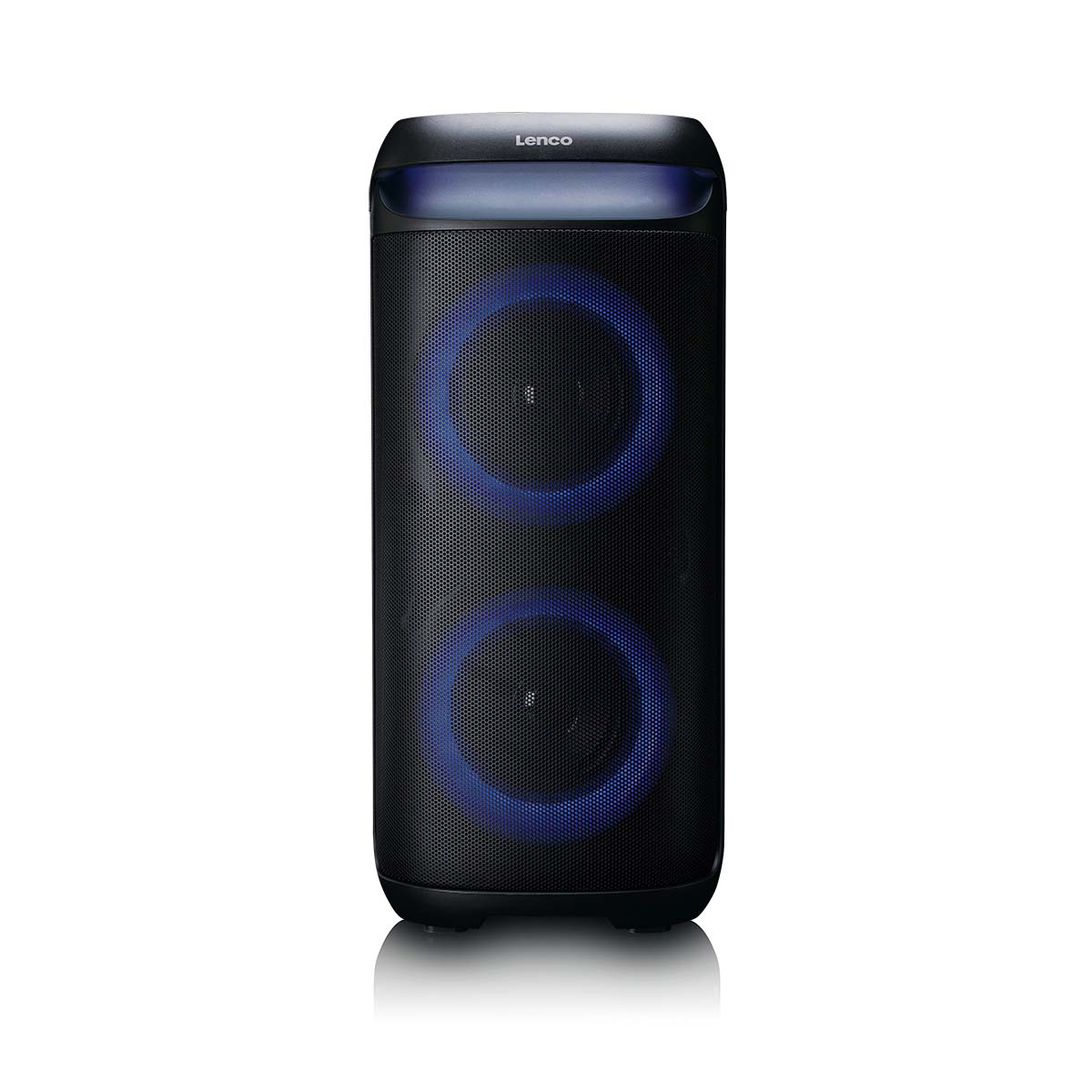 Een zwarte Lenco speaker met blauwe lichtringen rond de twee luidsprekers.