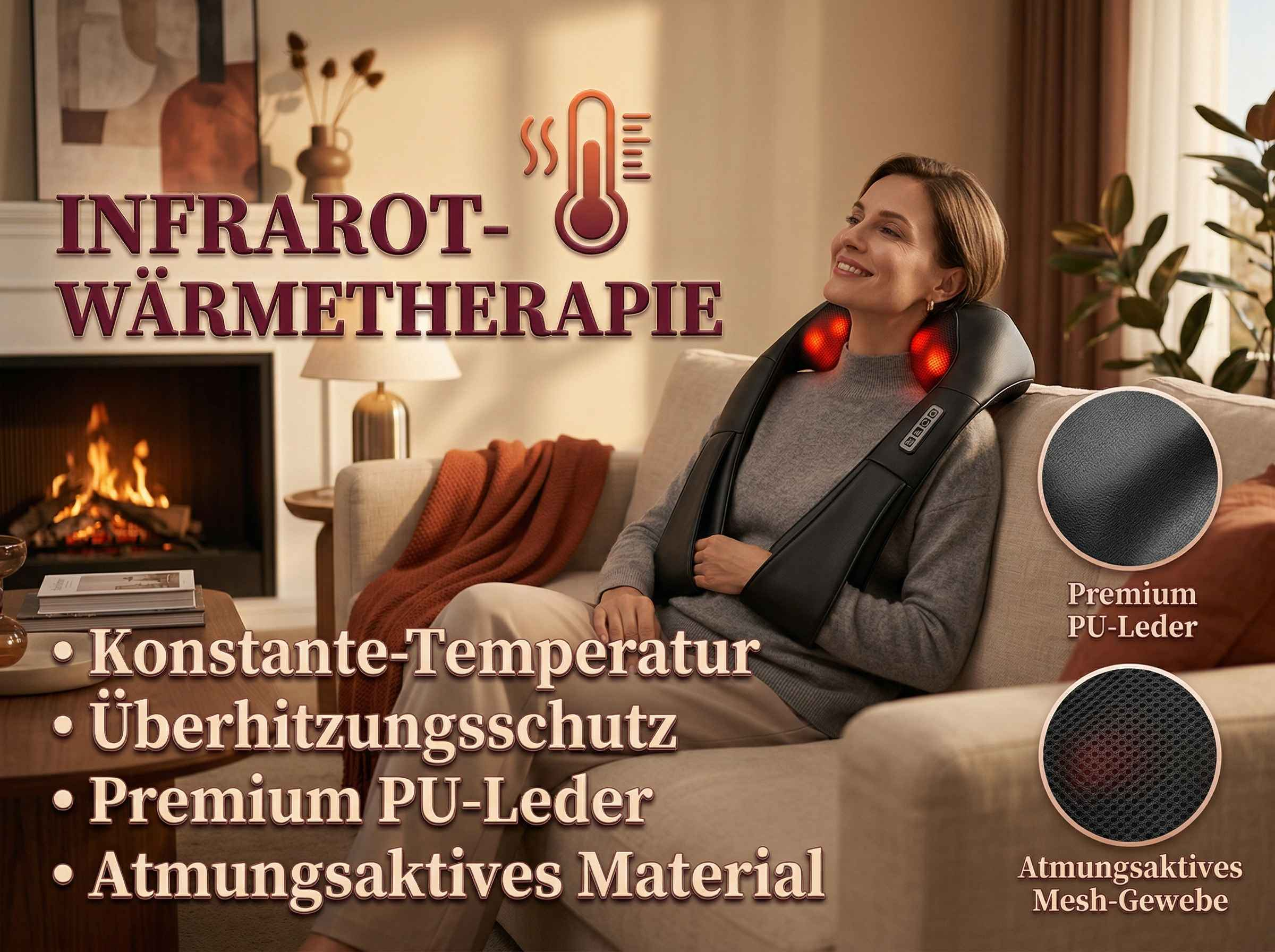 Frau mit Nackenmassagegerät, das Infrarotwärme abgibt.