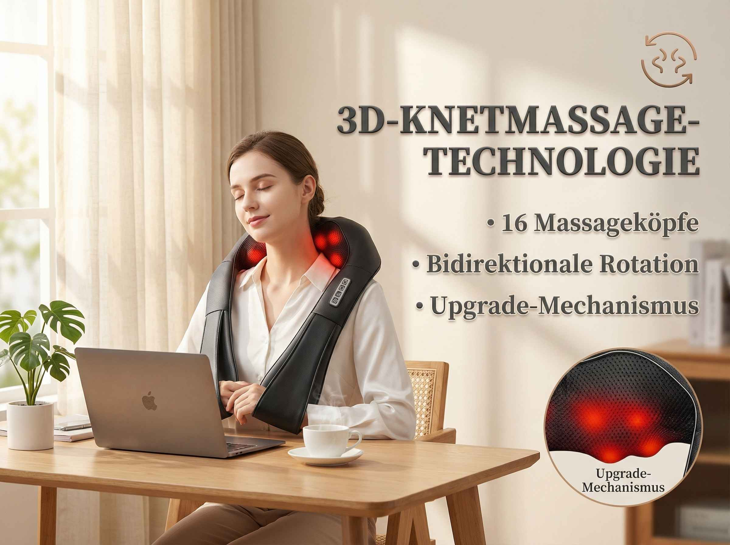 Frau mit Nackenmassagegerät, das auf einem Laptop tippt. Rote Lichter leuchten.