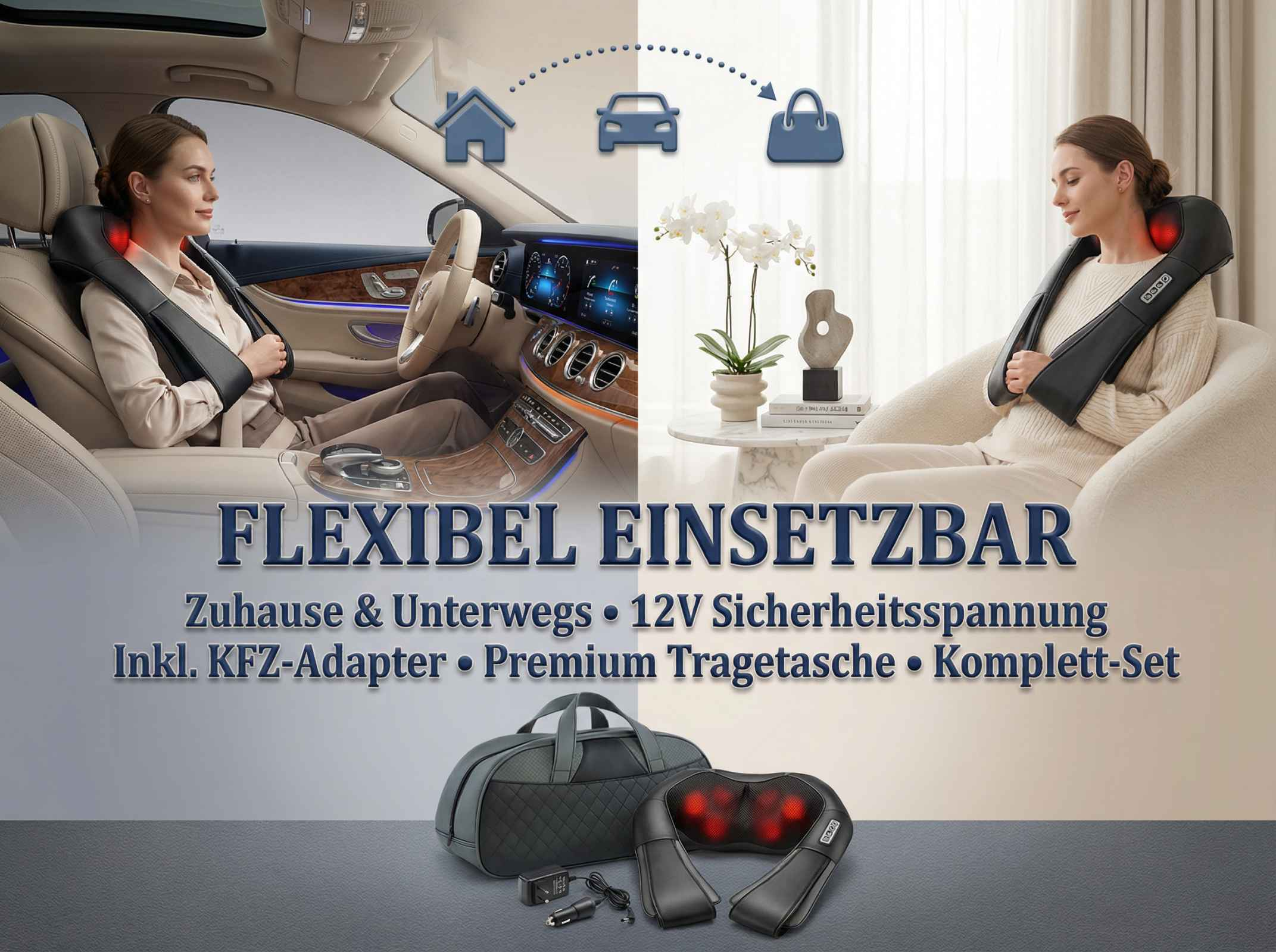 Frau in einem Auto und zu Hause, die eine Nackenmassage genießt.