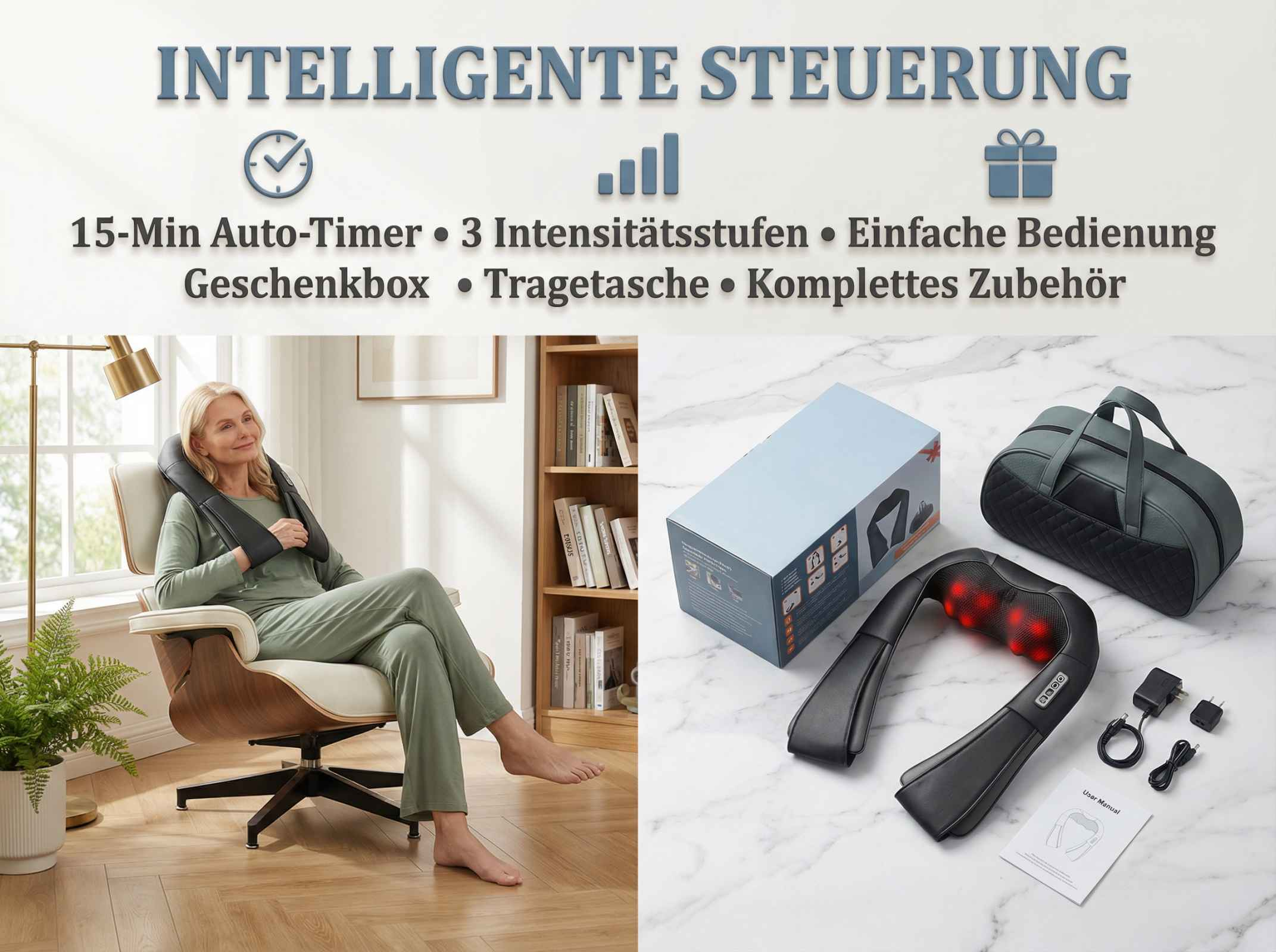 Frau entspannt mit Nackenmassagegerät, daneben sind Produkt-Details abgebildet.