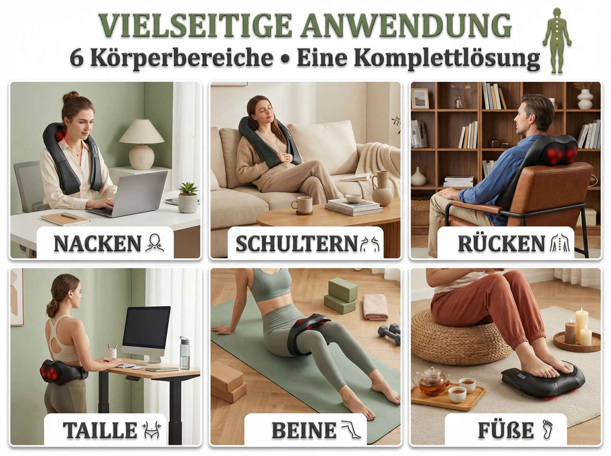 Sechs Körperbereiche, die mit einem Massagegerät behandelt werden: Nacken, Schultern, Rücken, Taille, Beine und Füße.