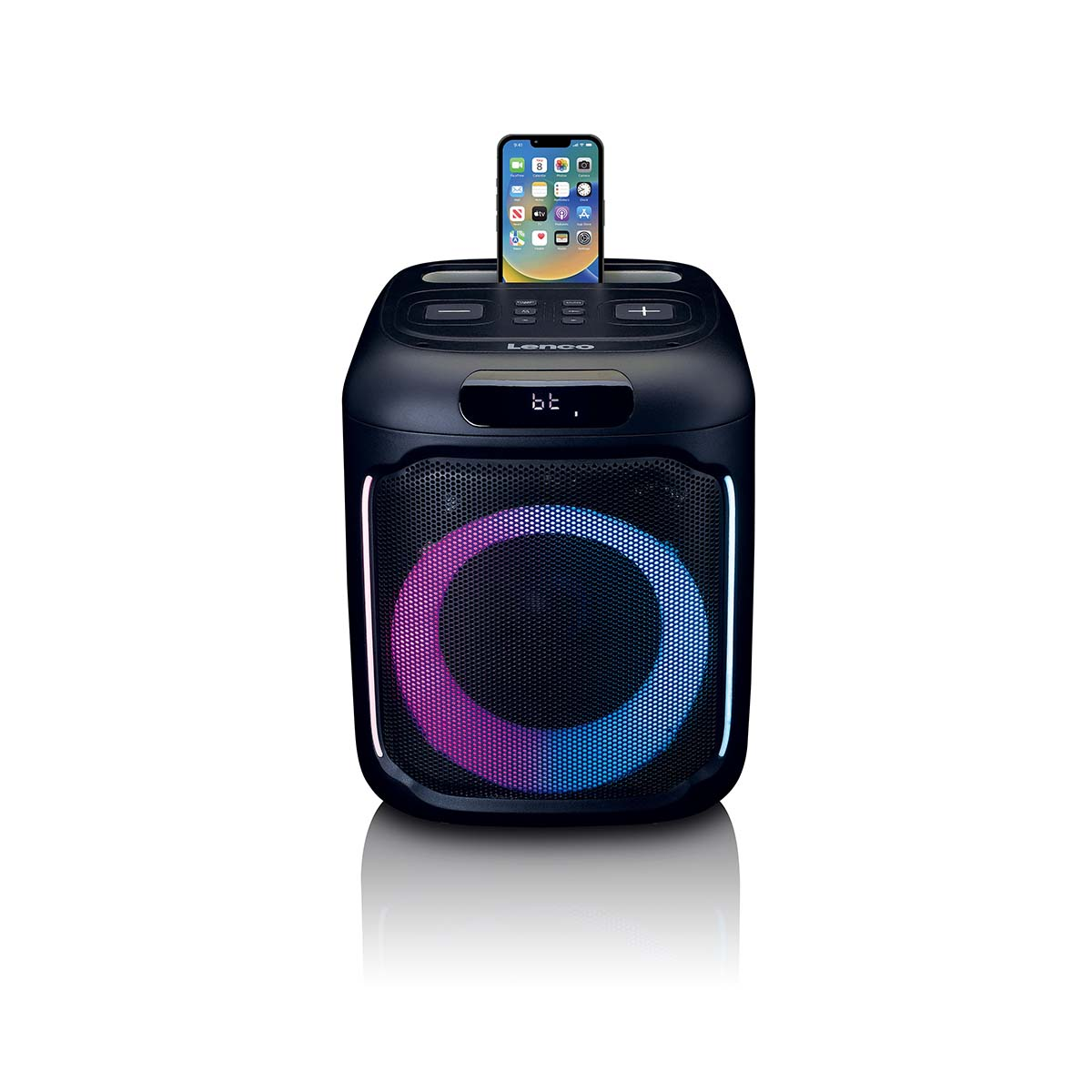 Schwarzer Lenco Lautsprecher mit beleuchtetem Ring und iPhone oben.