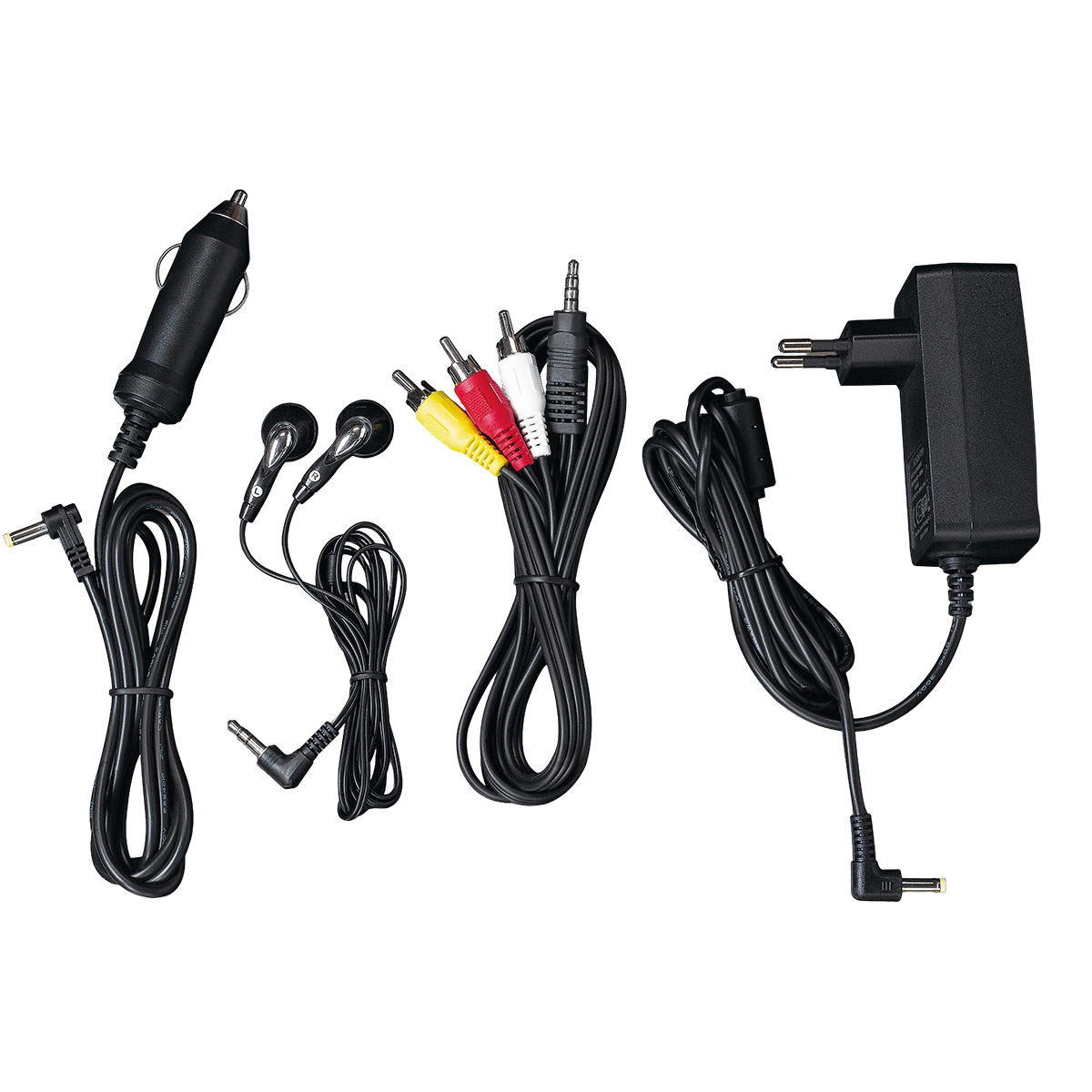 Różne akcesoria elektroniczne: ładowarka samochodowa, słuchawki, kable AV, zasilacz.