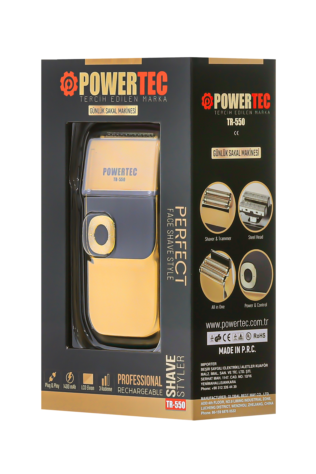 Altın rengi Powertec TR-550 tıraş makinesi kutusunda detaylı.