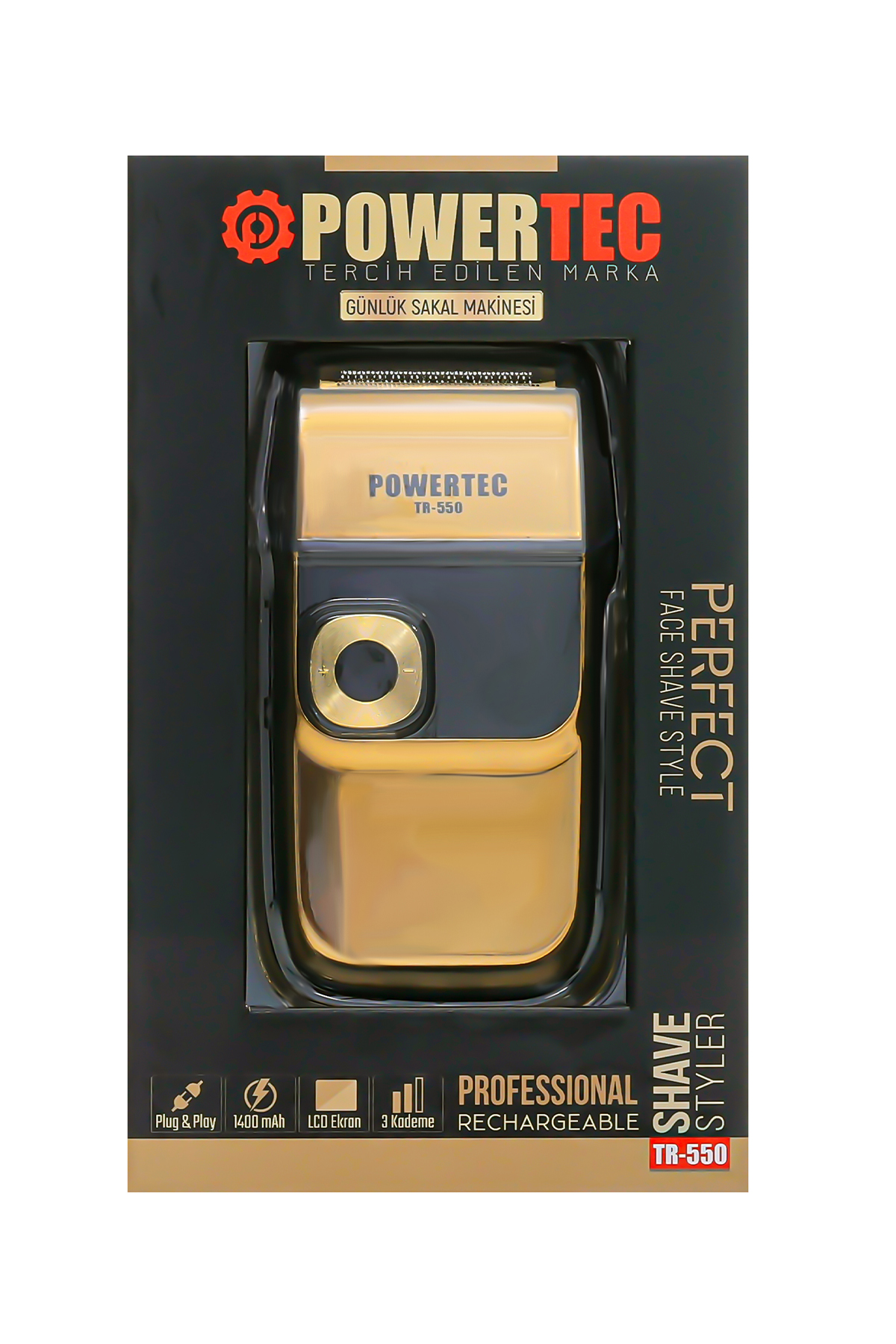 Siyah aksanlı altın rengi Powertec TR-550 tıraş makinesi, şarj göstergeli.