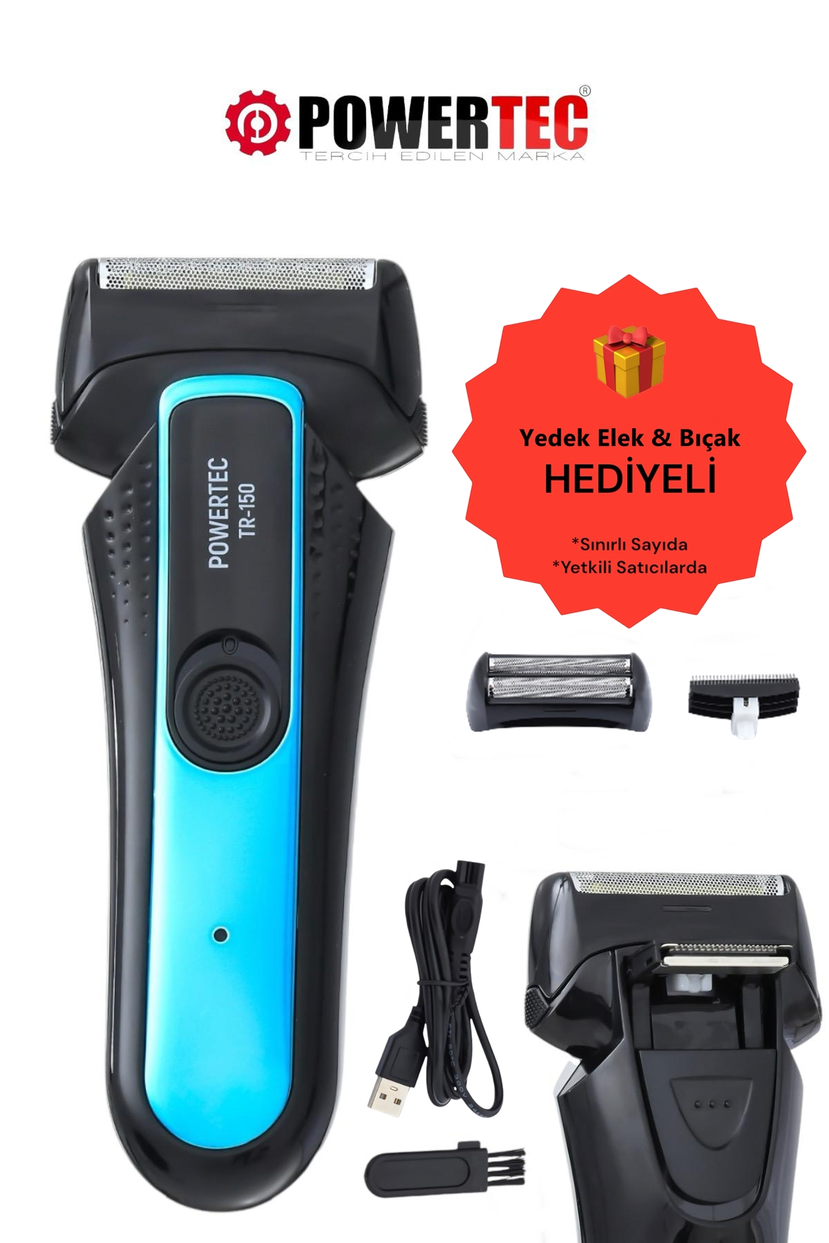 Aksesuarlar ve hediye etiketi ile siyah ve mavi Powertec tıraş makinesi.