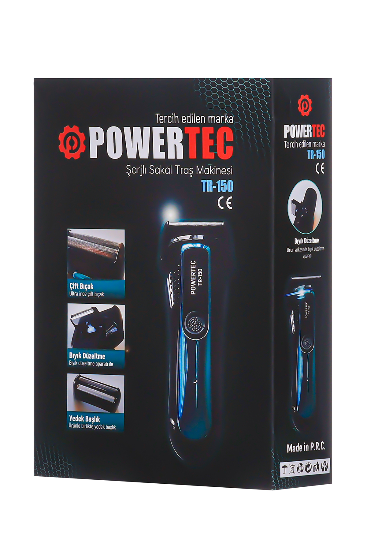 Aksesuarlı POWERTEC TR-150 saç kesme makinesi ambalajı.