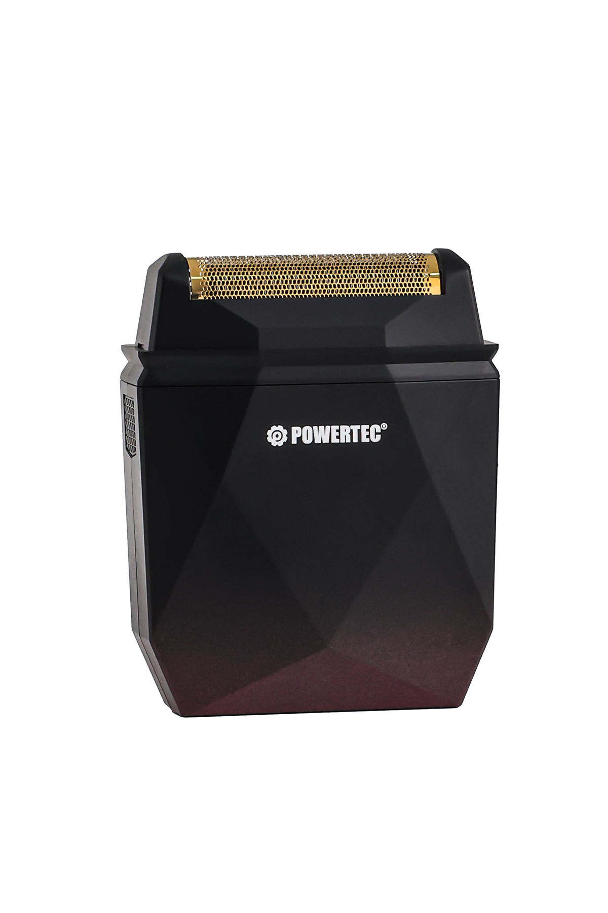 Altın file kapaklı ve POWERTEC logolu siyah elektrikli tıraş makinesi.