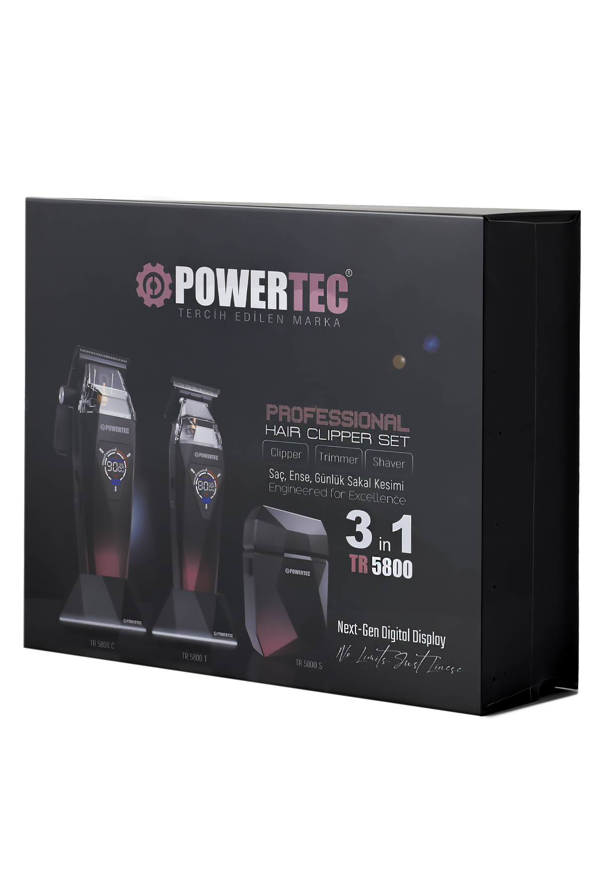Üç cihaz ve şarj istasyonlu Powertec saç kesme makinesi seti kutusu.