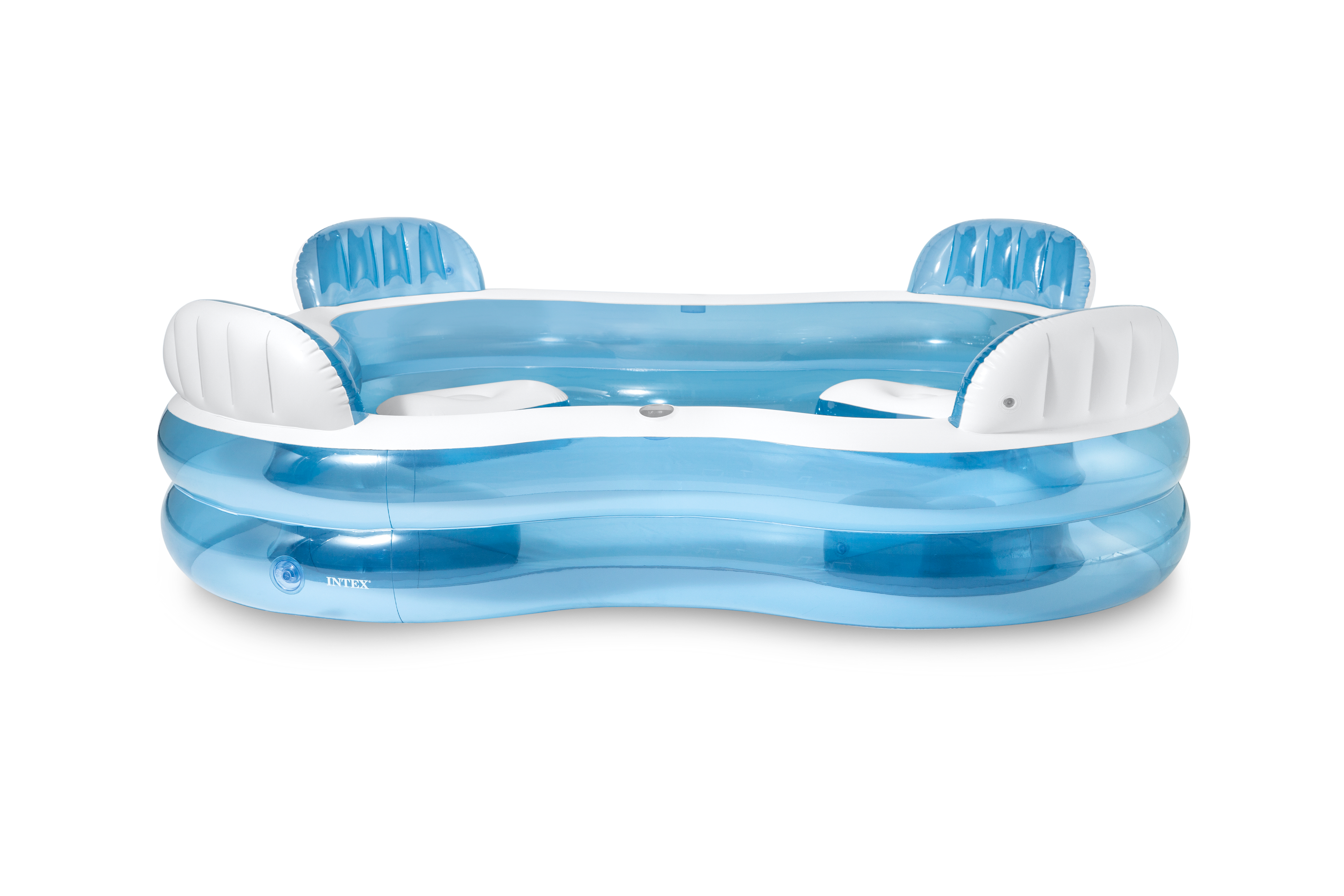 Basen dmuchany z czterema miejscami i oparciami, niebiesko-biały.