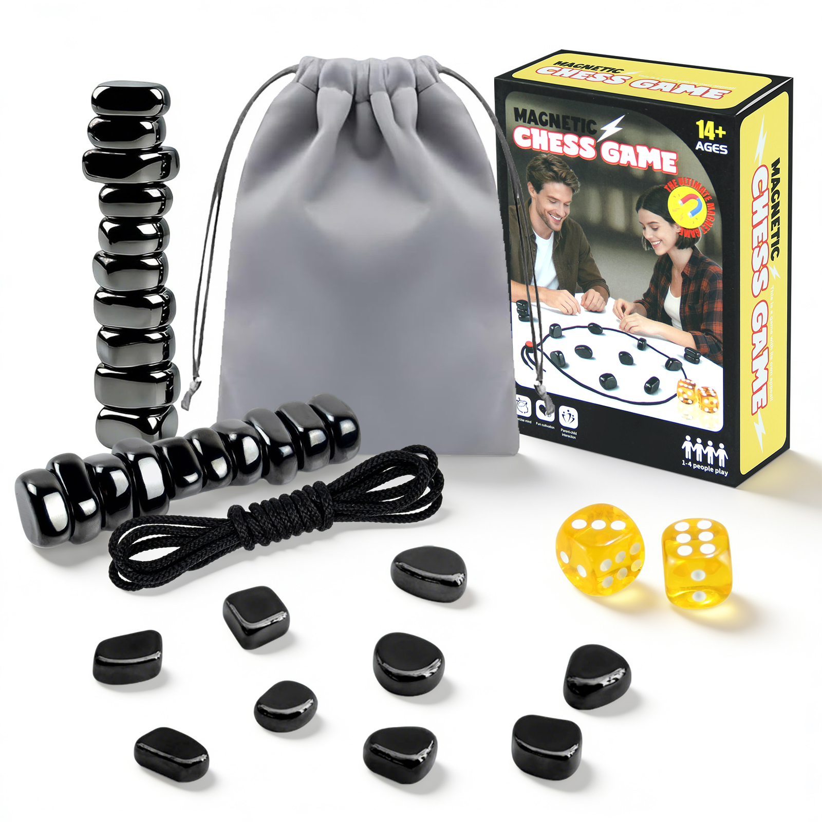 Magnetisches Schachspiel mit schwarzen Steinen, Beutel, Würfeln und Verpackung.