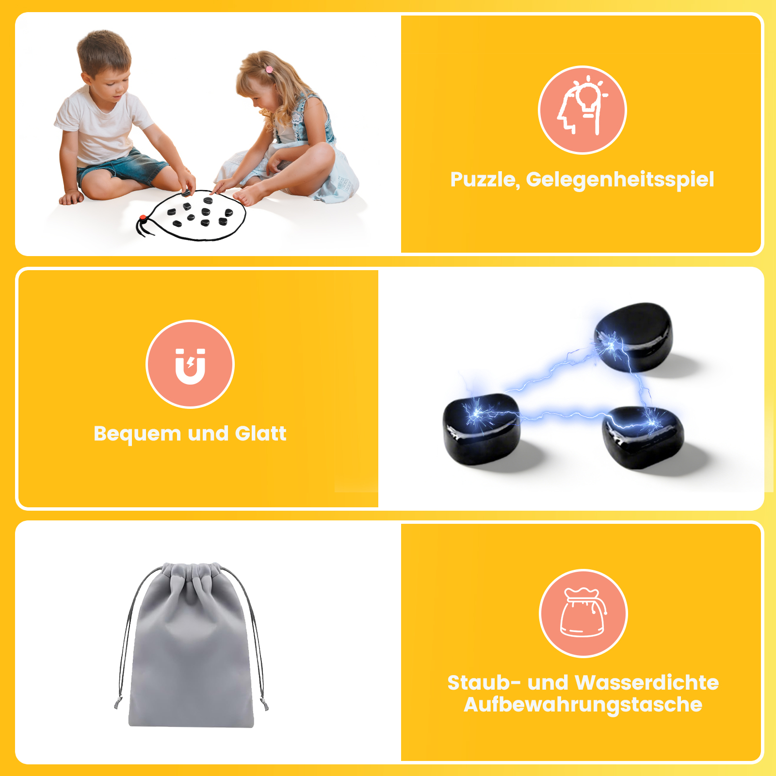 Kinder spielen mit Magneten, Magnete mit Stromfluss, graue Tasche.