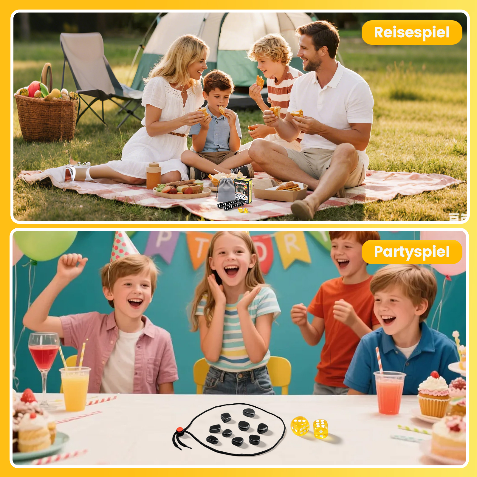 Familie beim Picknick, Kinder feiern Geburtstag mit Spielen und Kuchen.