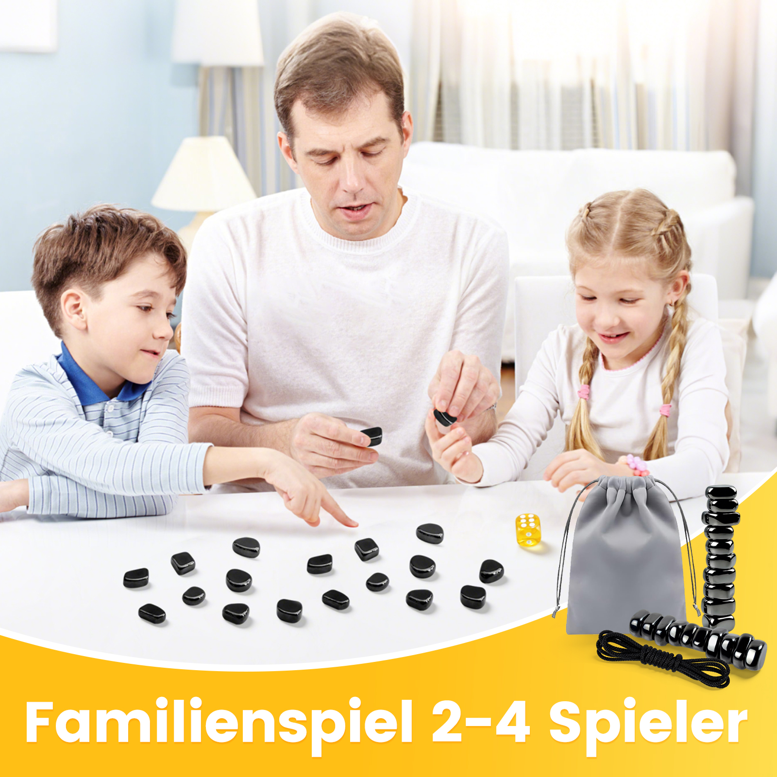 Ein Vater spielt mit seinen zwei Kindern ein Brettspiel mit schwarzen Steinen und einem Würfel.