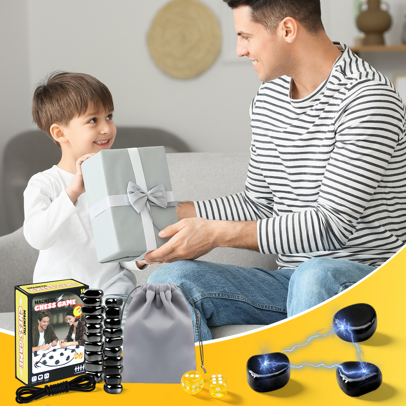 Vater und Sohn tauschen ein Geschenk aus, daneben Spielzubehör.