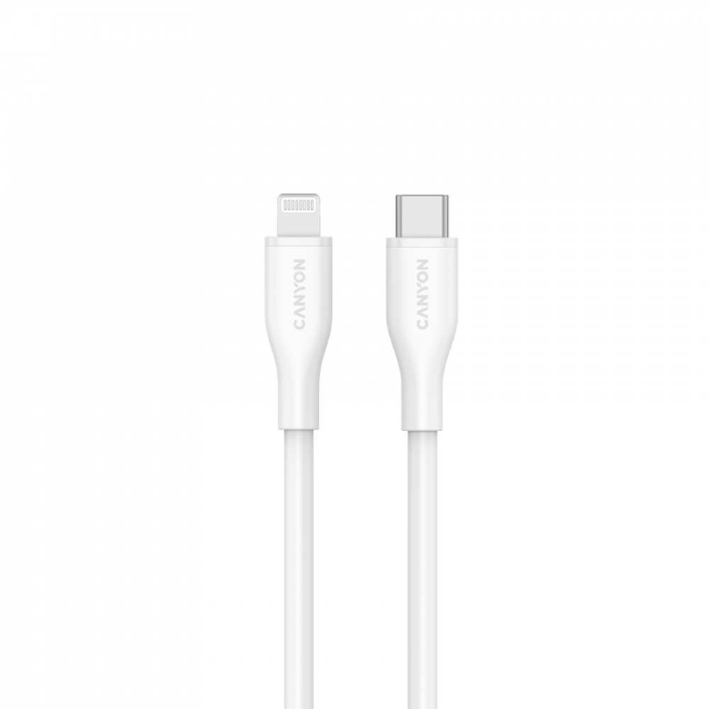 Dwa białe kable ładujące z wtyczkami USB-C i Lightning na czarnym tle.