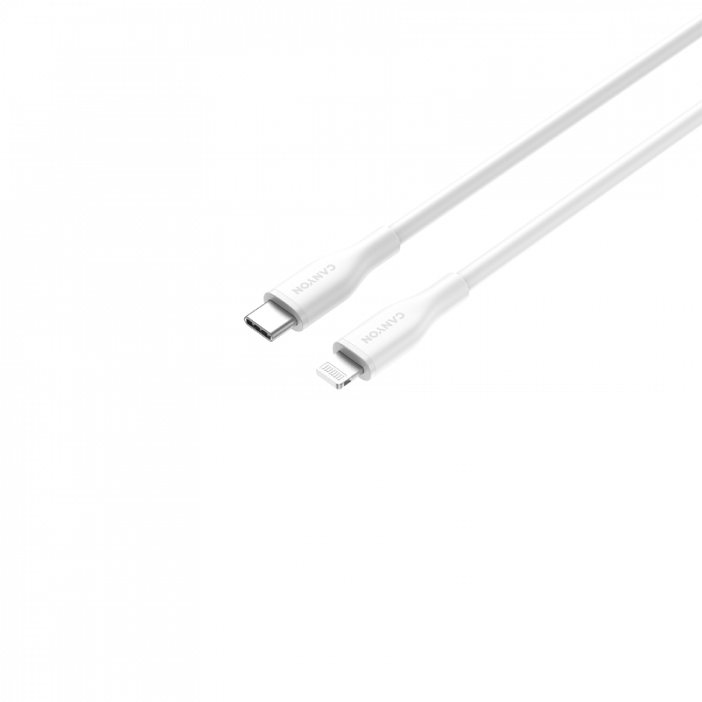 Biały kabel USB-C do Lightning na czarnym tle.
