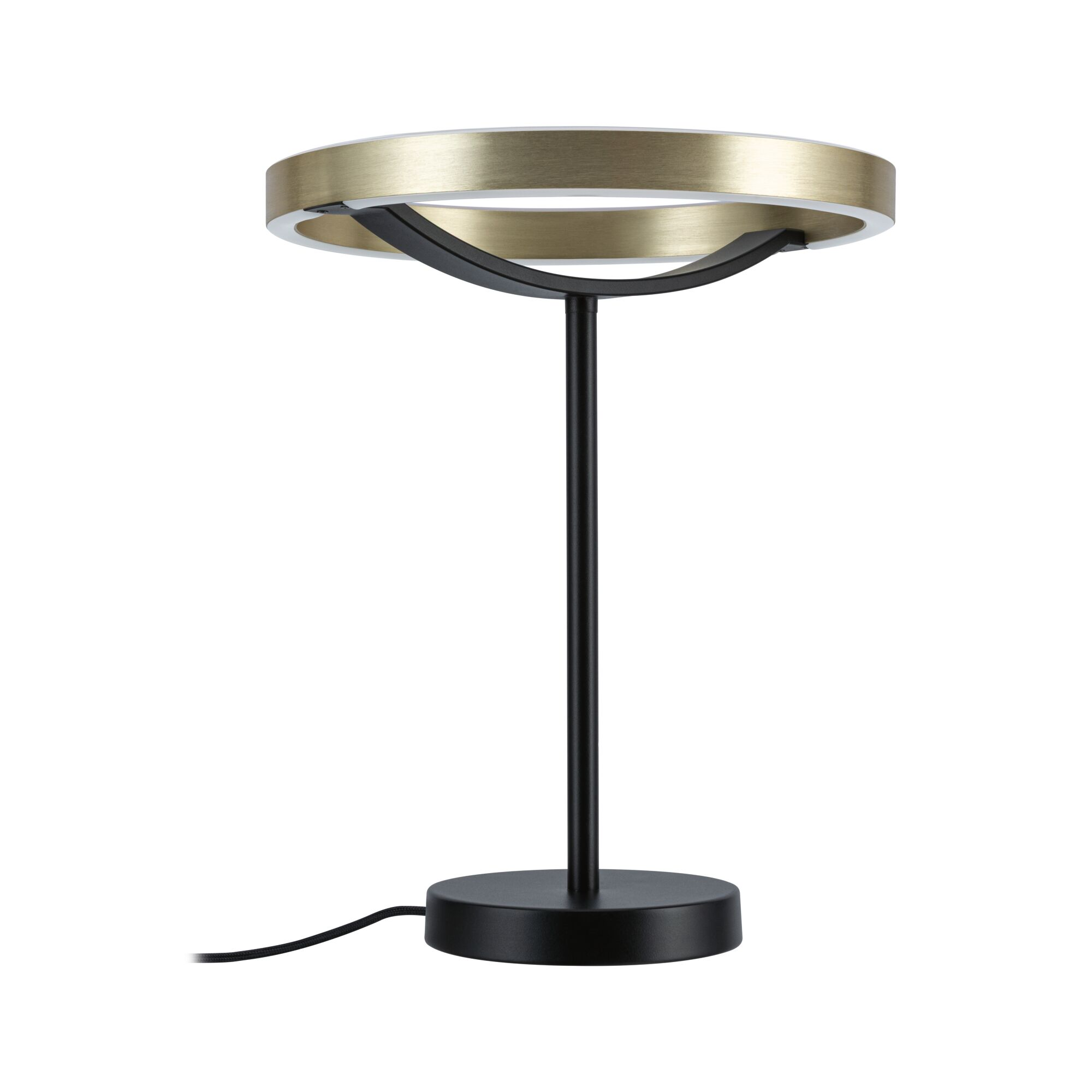 Schwarzer Ständer mit goldener Ringlampe und Kabel.