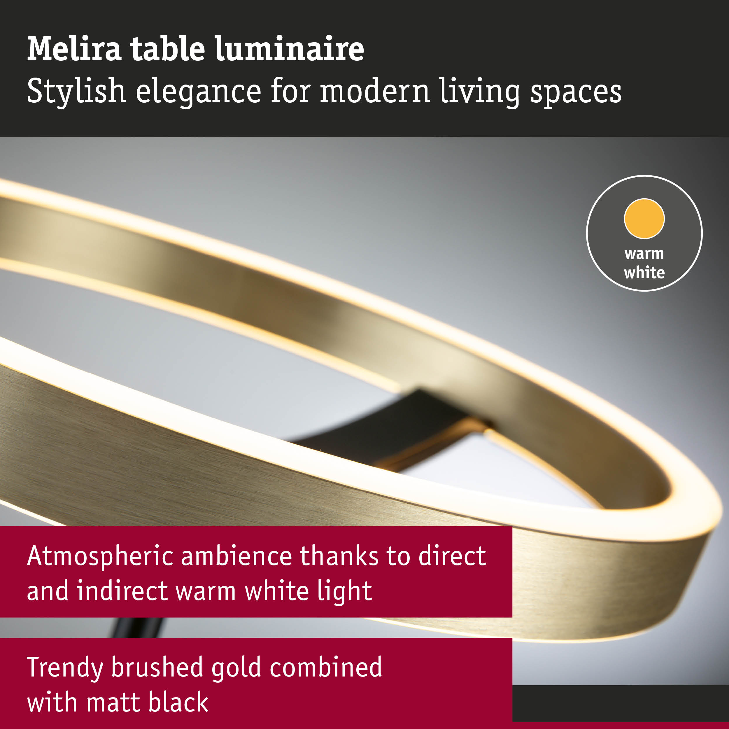 Eine moderne Tischleuchte aus gebürstetem Gold und schwarzem Mattmetall mit warmweißem Licht.