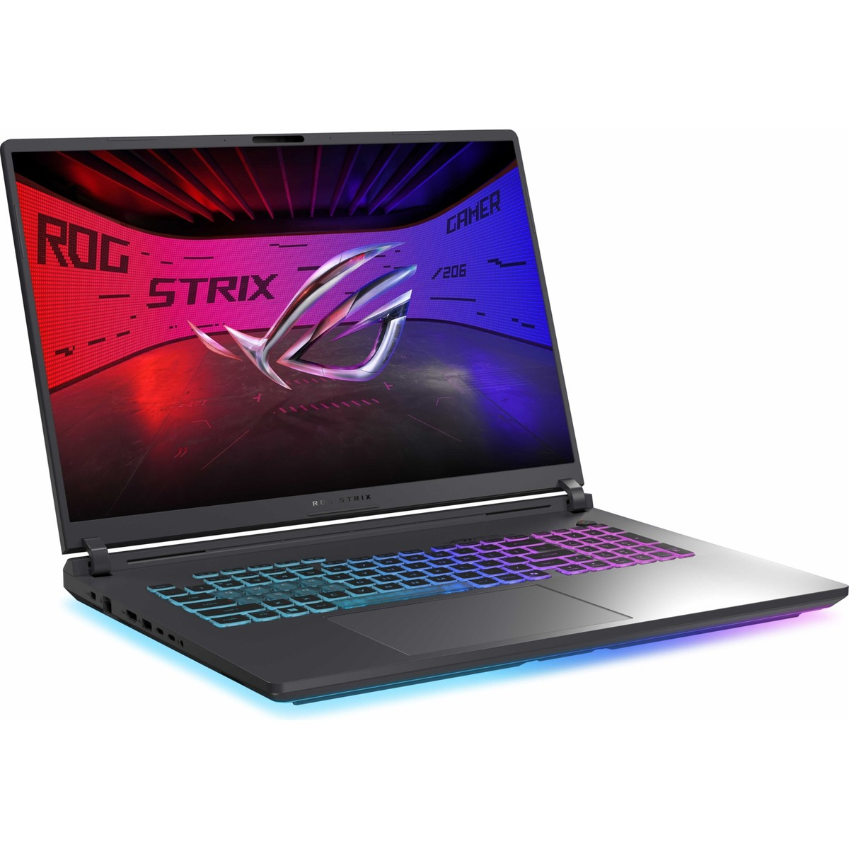 Ekranında kırmızı ve mavi ROG Strix logosu ve RGB klavyeli siyah oyun dizüstü bilgisayarı.
