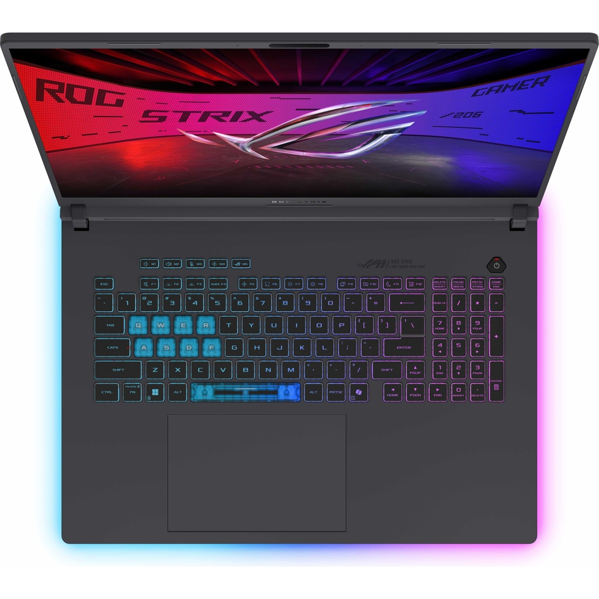 Arkadan aydınlatmalı klavyeli ve ekranda ROG STRIX logosu olan açık dizüstü bilgisayar.