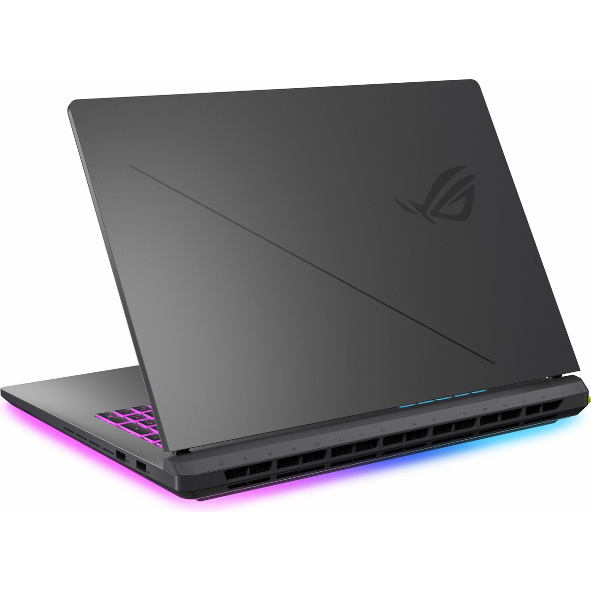 Kapalı, koyu renkli dizüstü bilgisayar, aydınlatmalı klavye ve RGB aydınlatma.