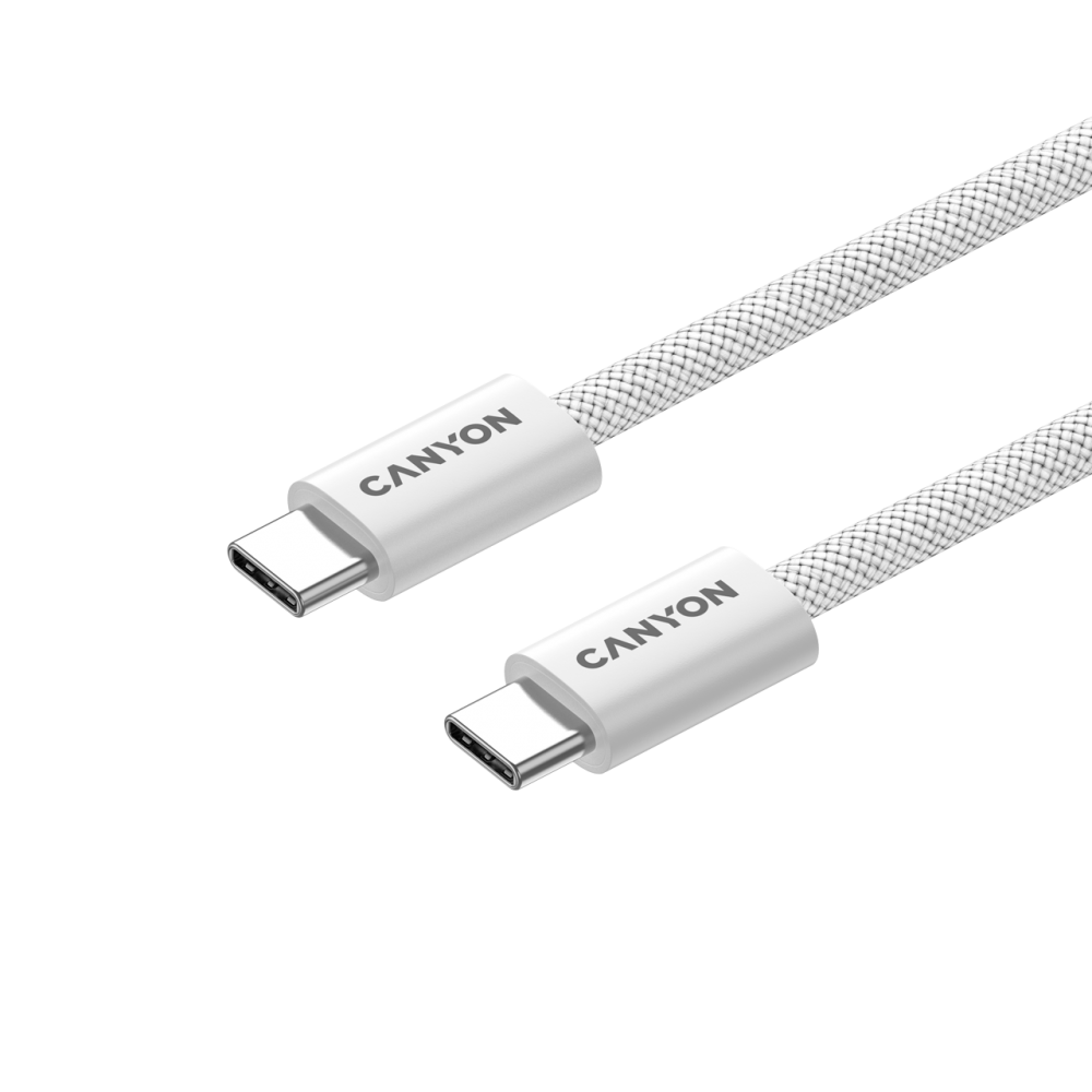 Biały kabel USB-C z dwoma złączami, z logo Canyon.