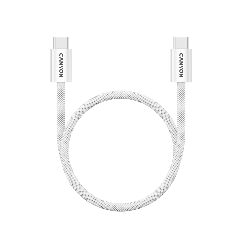 Biały kabel USB-C z logo Canyon na obu złączach, na czarnym tle.