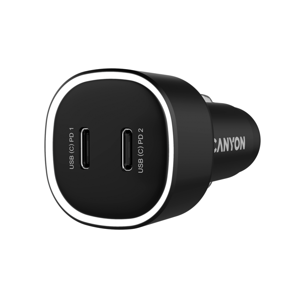 Czarna ładowarka samochodowa Canyon z dwoma portami USB-C PD i białym pierścieniem.