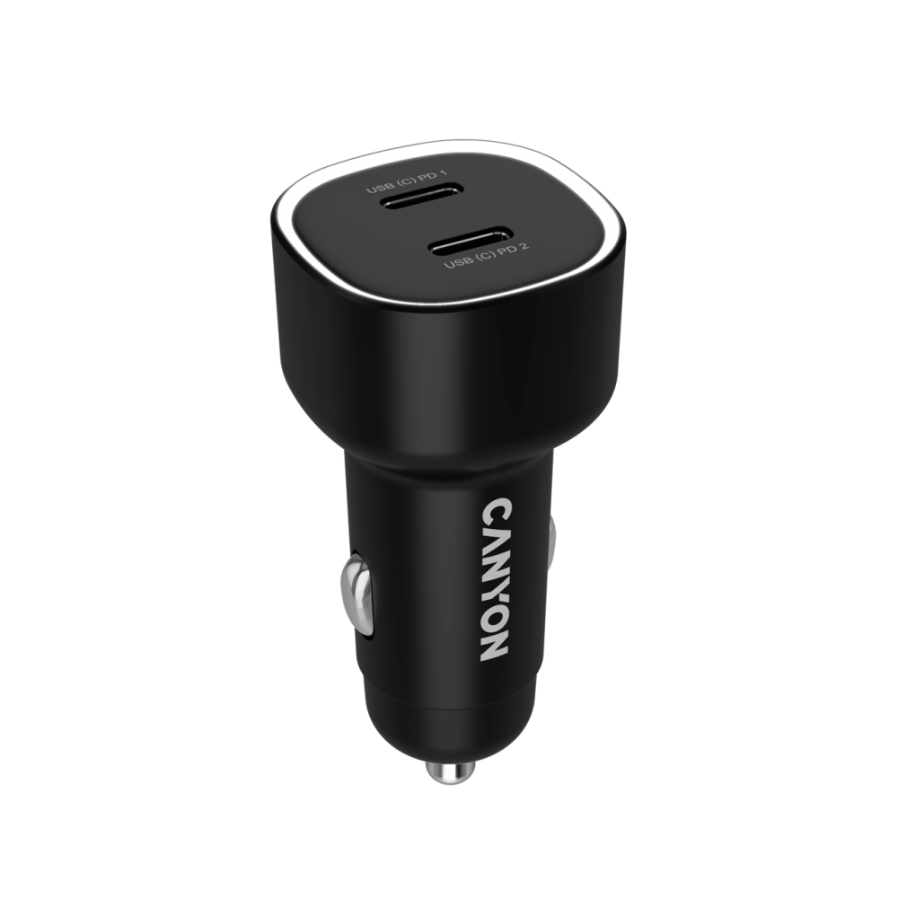 Czarna ładowarka samochodowa Canyon z dwoma portami USB-C PD.