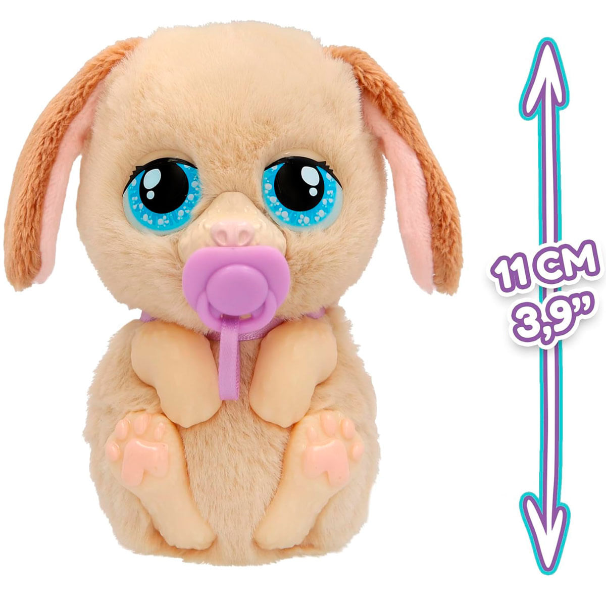 Un cachorro de peluche beige con grandes ojos azules y un chupete morado.