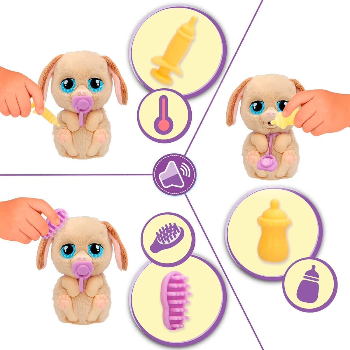 Perro de peluche con accesorios: jeringa, termómetro, cepillo, biberón.