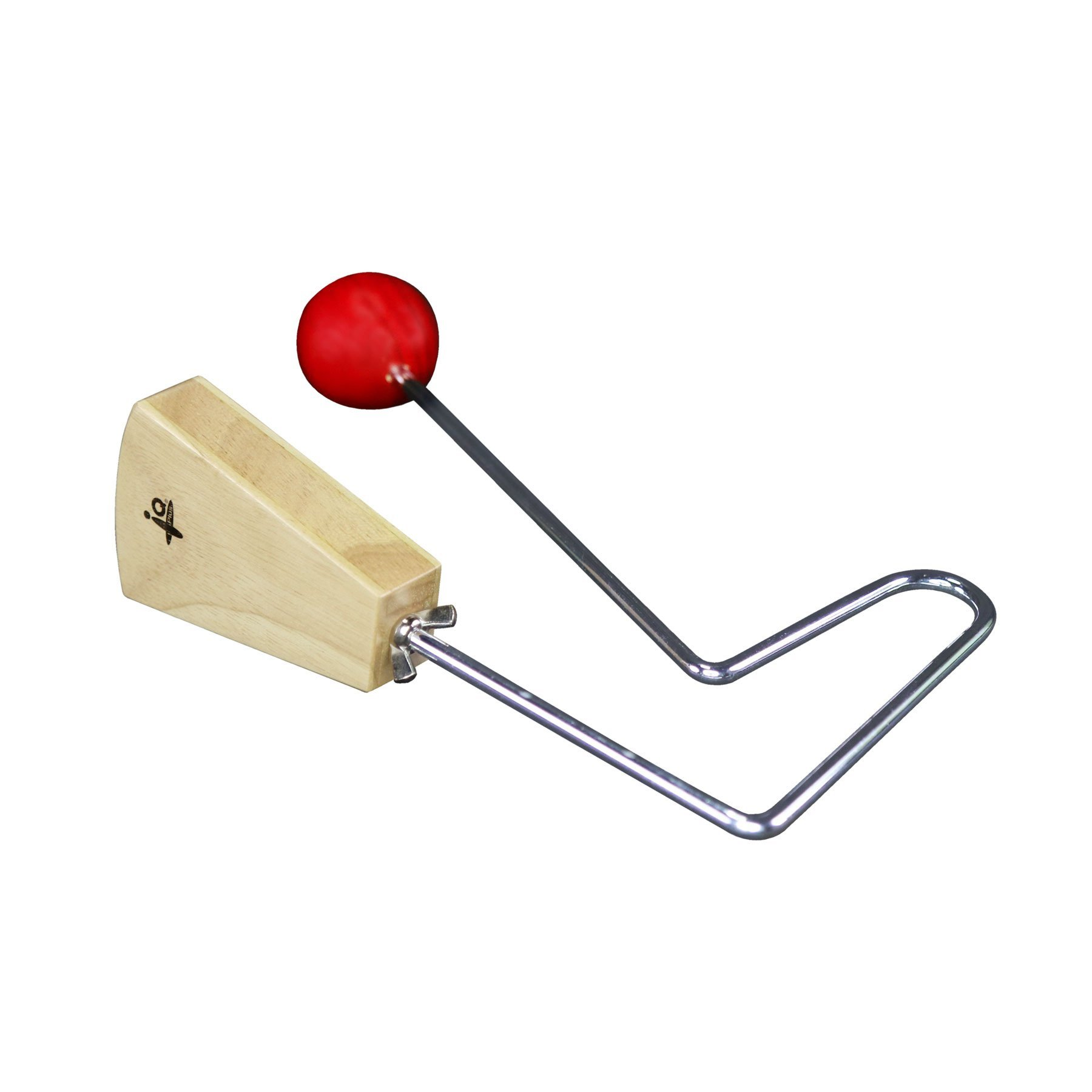Metal bir stand üzerinde kırmızı topu olan ahşap bir inek çanı bloğu.